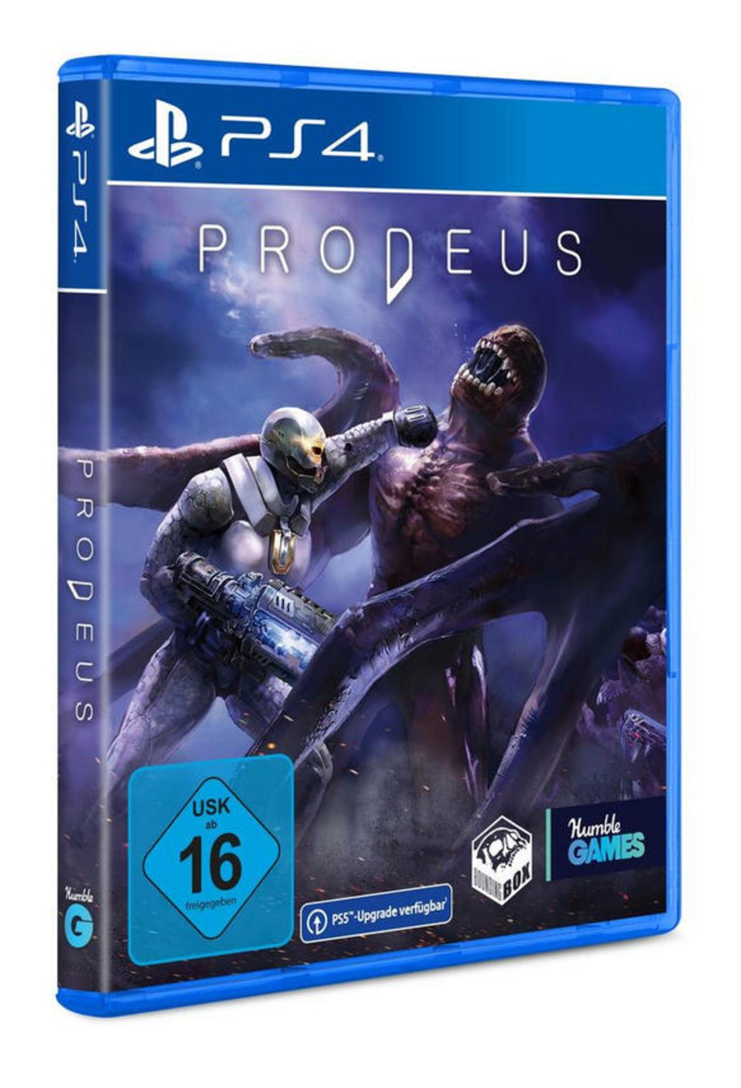 Boîtier de jeu PS4 Prodeus montrant un guerrier en armure combattant un extraterrestre.