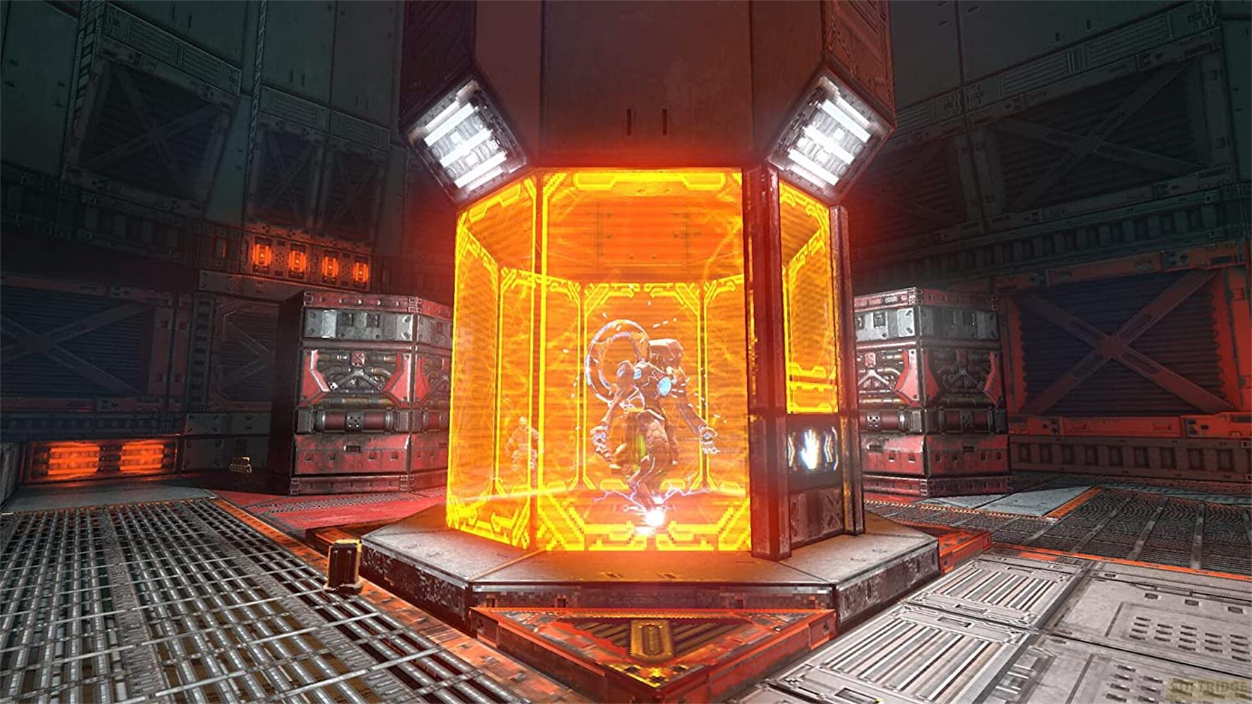 Une pièce futuriste dotée d'un cylindre d'énergie orange lumineux au centre contenant une figure robotique.