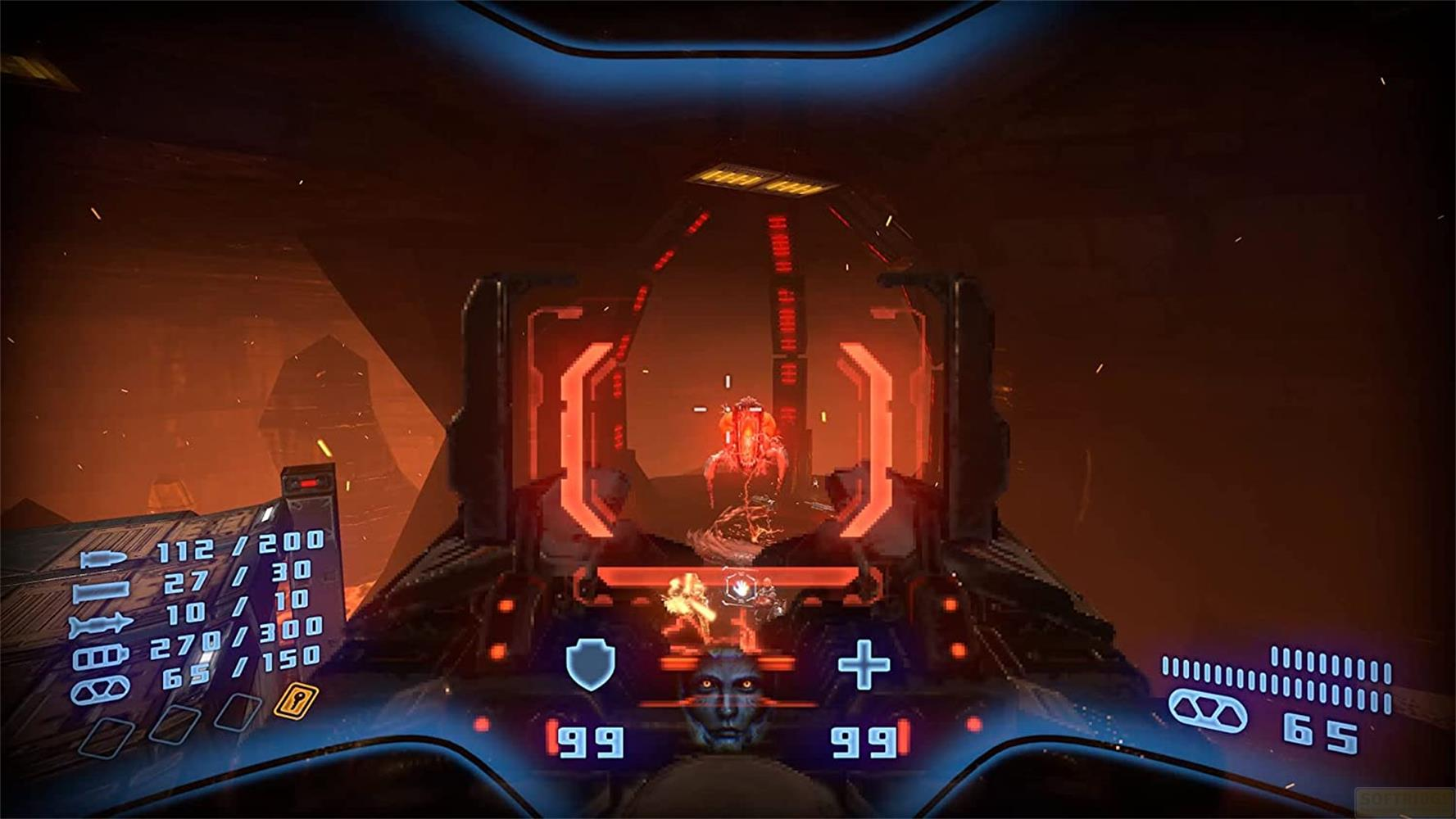 Vue de jeu vidéo de science-fiction avec un réticule rouge, des éléments HUD et un arrière-plan sombre et ardent.