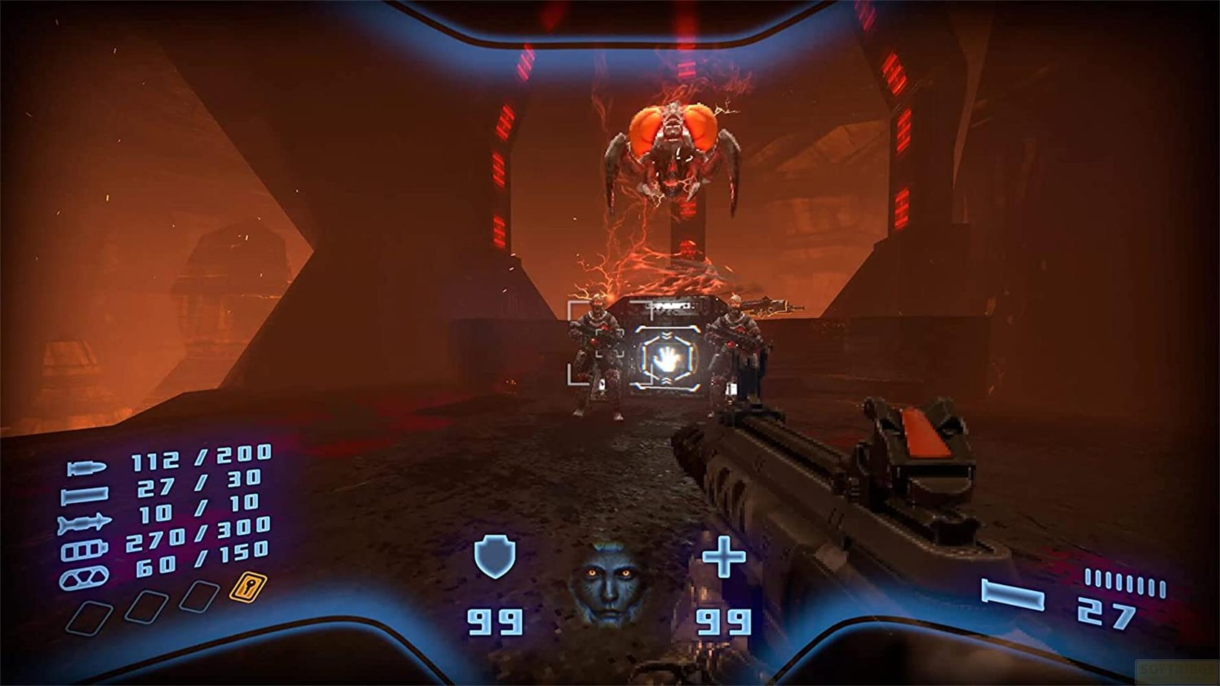Vue à la première personne d'un jeu de tir avec un grand patron rouge flottant au-dessus de soldats, d'armes et d'une HUD.