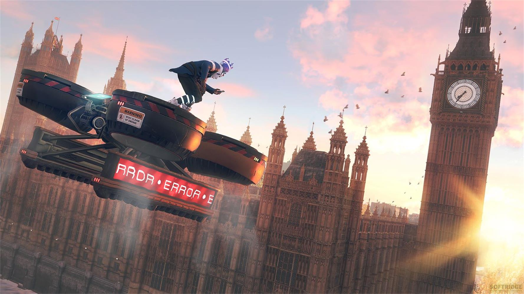 Eine Person auf einer riesigen Drohne fliegt vor dem Palace of Westminster und dem Big Ben in London.