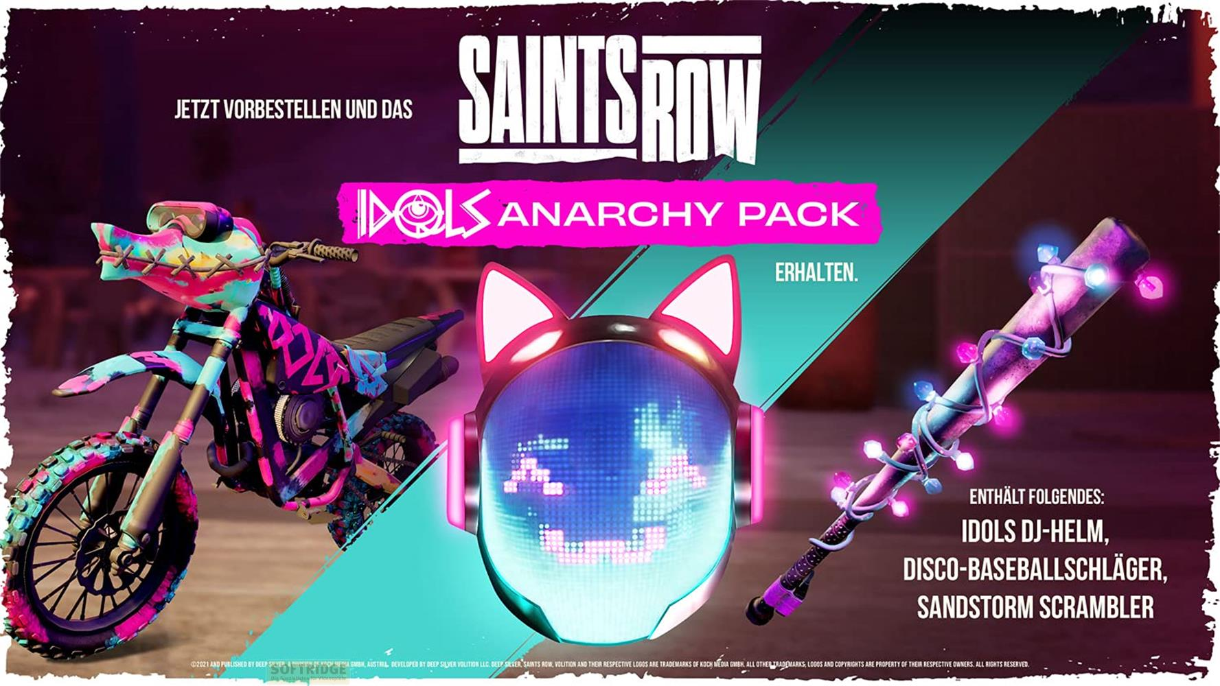 Saints Row Idols Anarchy Pack mit Motorrad, leuchtendem DJ-Helm und beleuchtetem Baseballschläger.