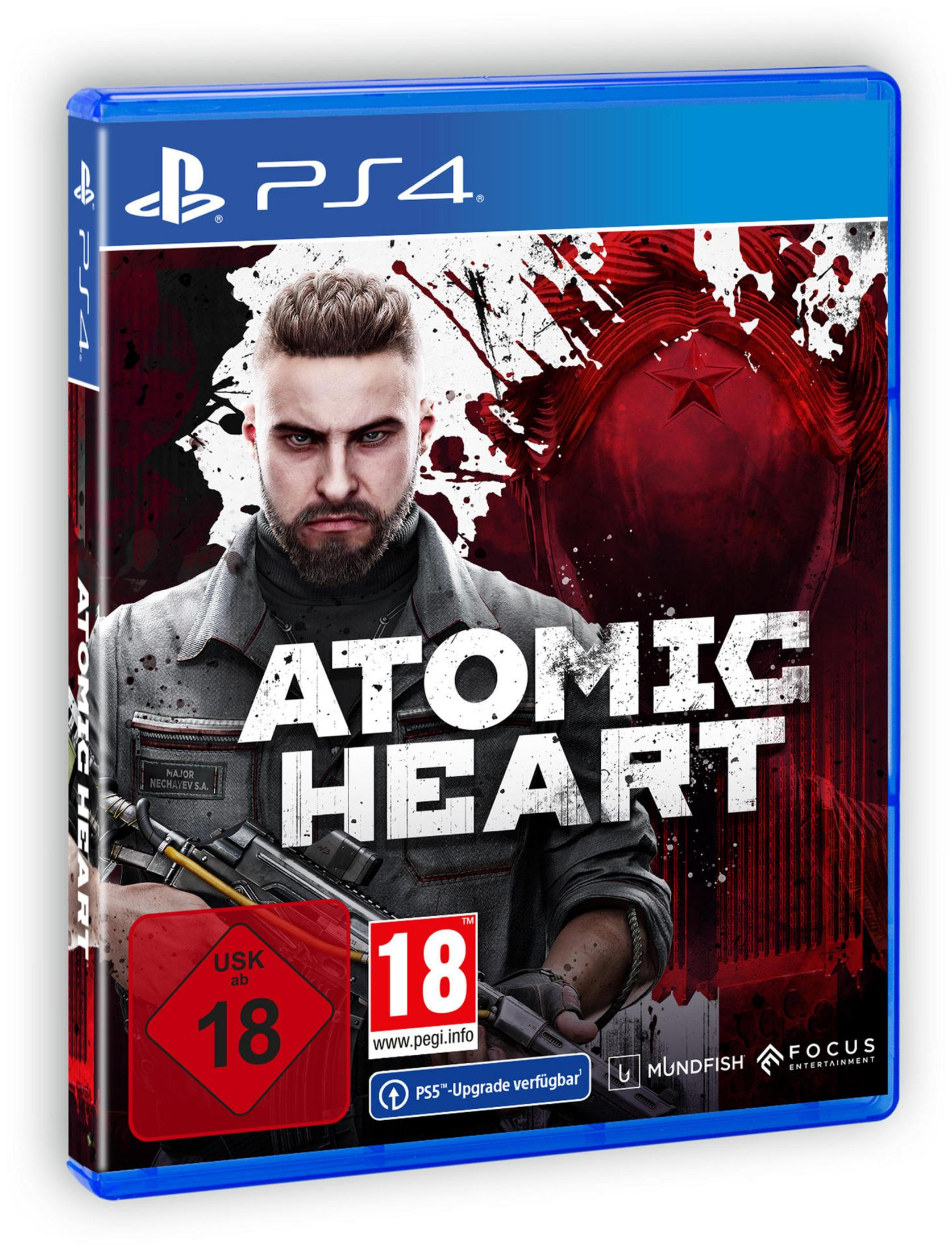 PS4-Spielhülle von Atomic Heart mit einem bärtigen Mann, der eine Waffe hält, vor rotem Hintergrund.