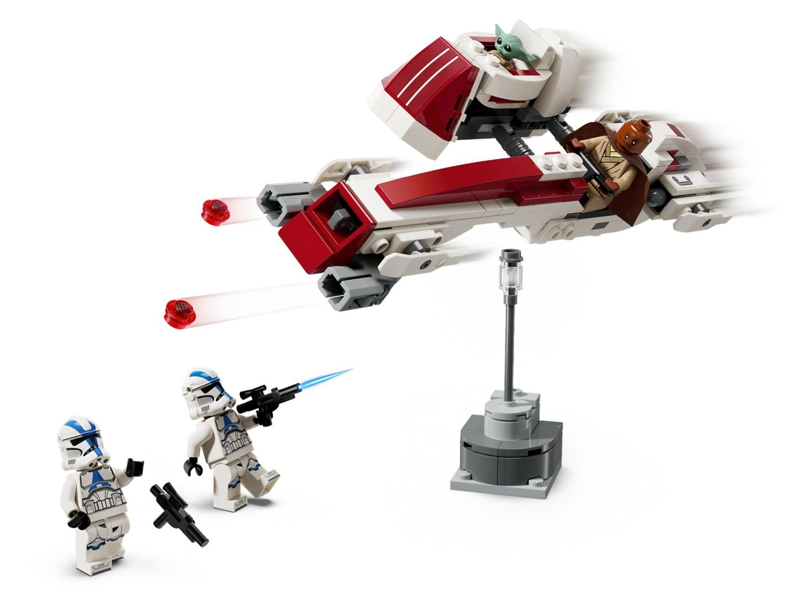 Lego Star Wars Set zeigt einen rot-weißen Speeder, der auf zwei Klonkrieger schießt.