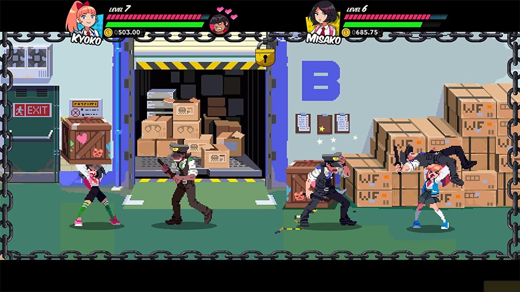 Pixel-Art-Kampfspielszene mit Charakteren wie Kyoko und Misako, die in einem Lagerhaus feindliche Wachen bekämpfen.
