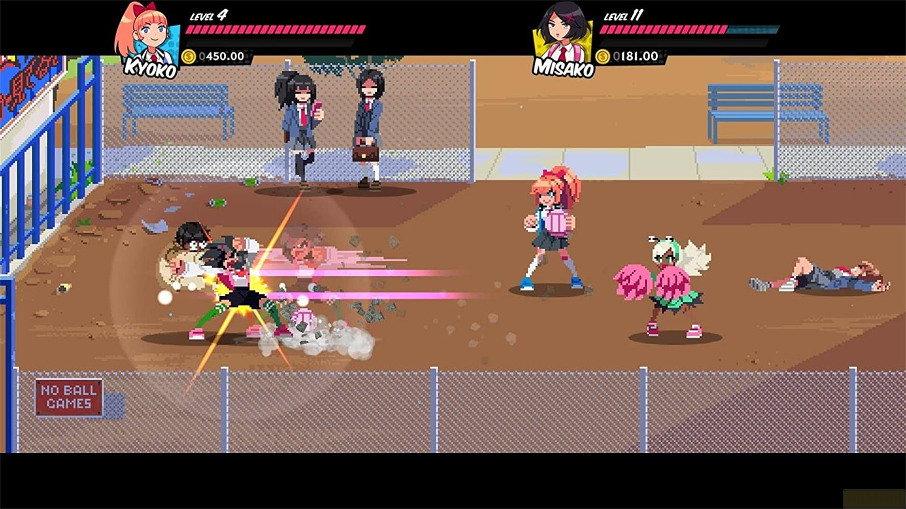 Pixel-Art-Pruegelspiel mit Kyoko und Misako, die Feinde vor einem Schulhof bekaempfen.