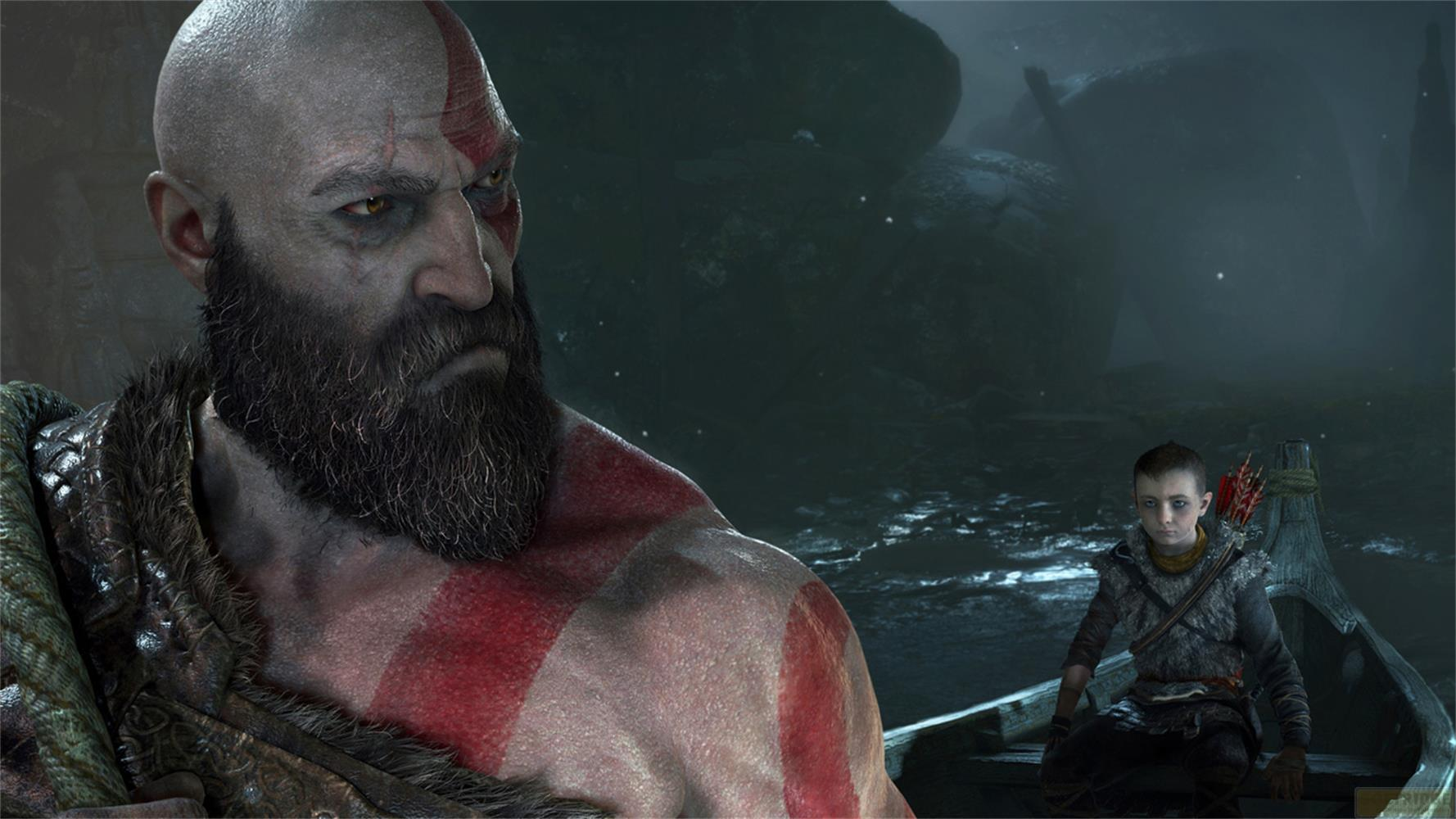 Kratos mit roter Tätowierung und Bart schaut ernst, während ein Junge im Hintergrund in einem Boot sitzt.