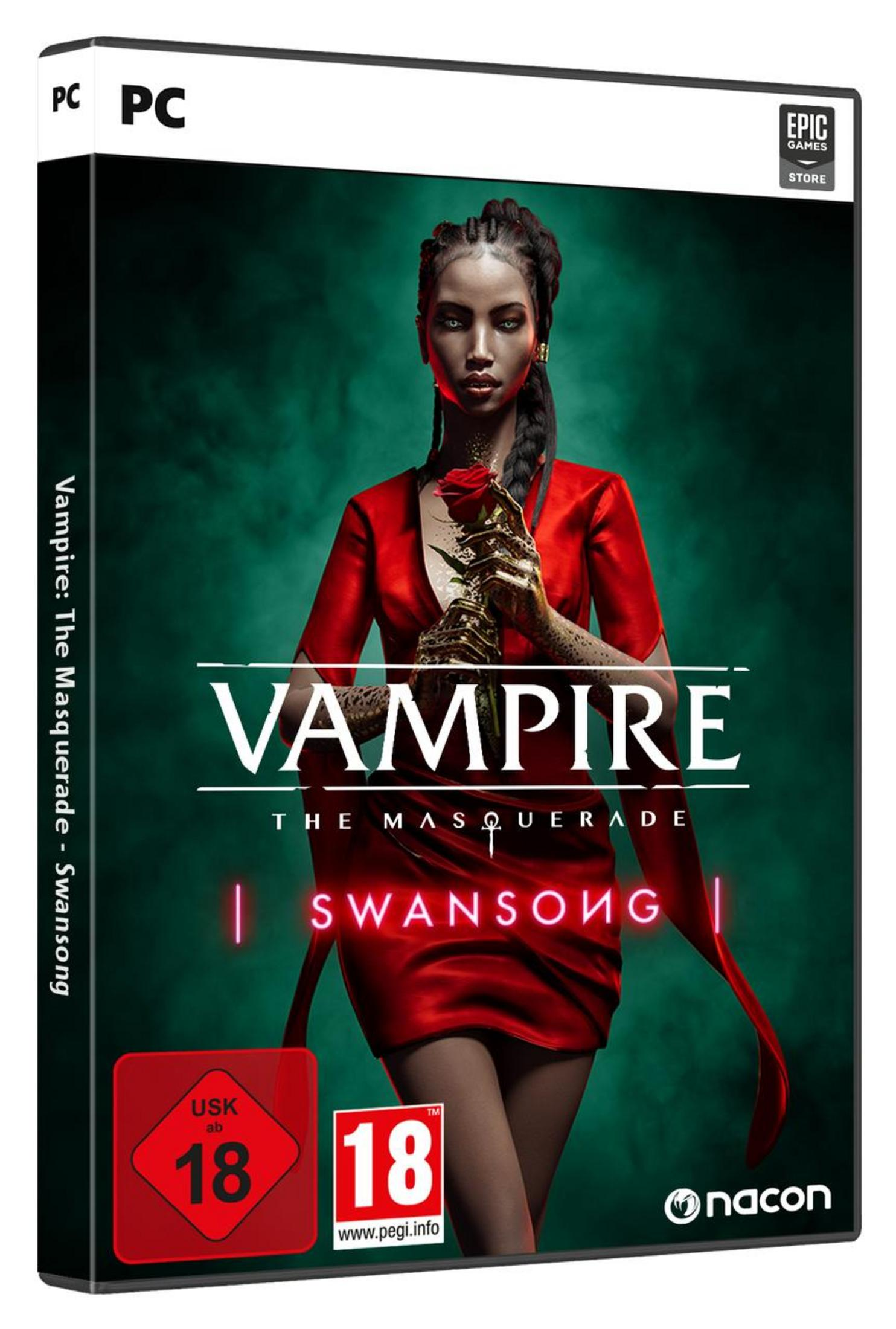 Boîtier PC de Vampire: The Masquerade - Swansong montrant une femme en robe rouge avec une rose rouge.