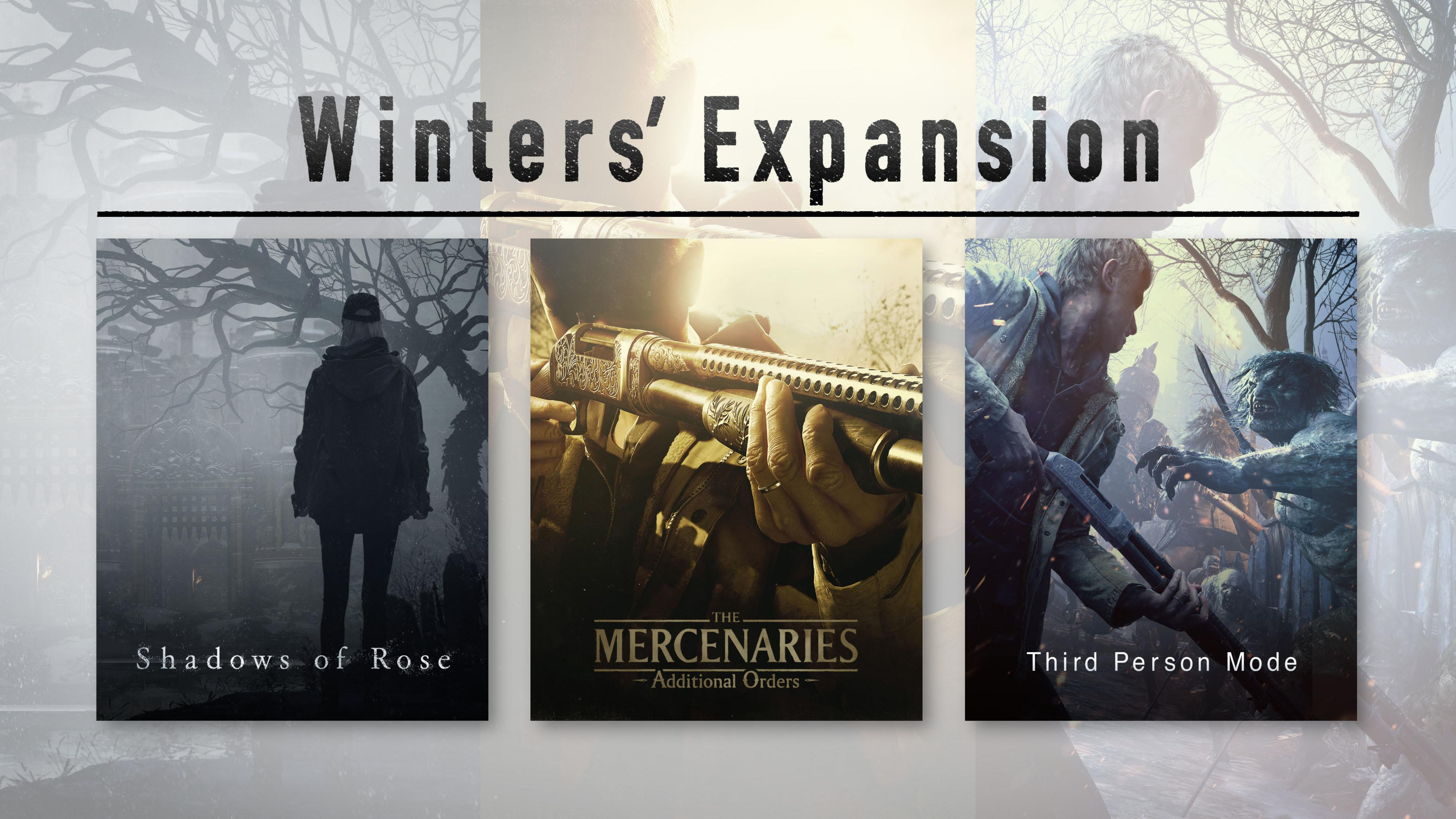 Titelbild der Winters Expansion für Resident Evil Village mit drei Untertiteln: Shadows of Rose, The Mercenaries und Third Person.