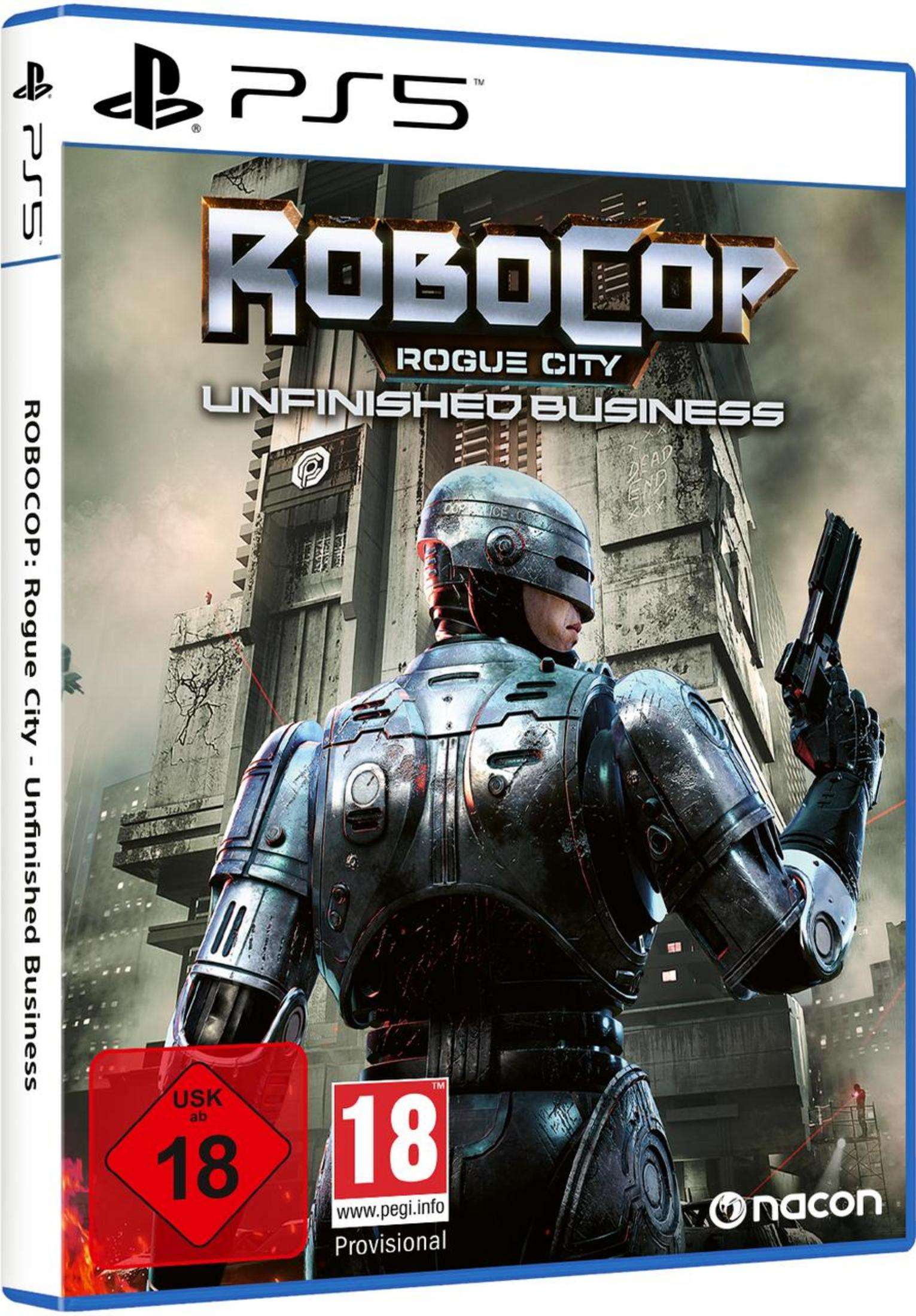 PS5-Spielhülle mit RoboCop mit Waffe vor einem dystopischen Stadtgebäude.