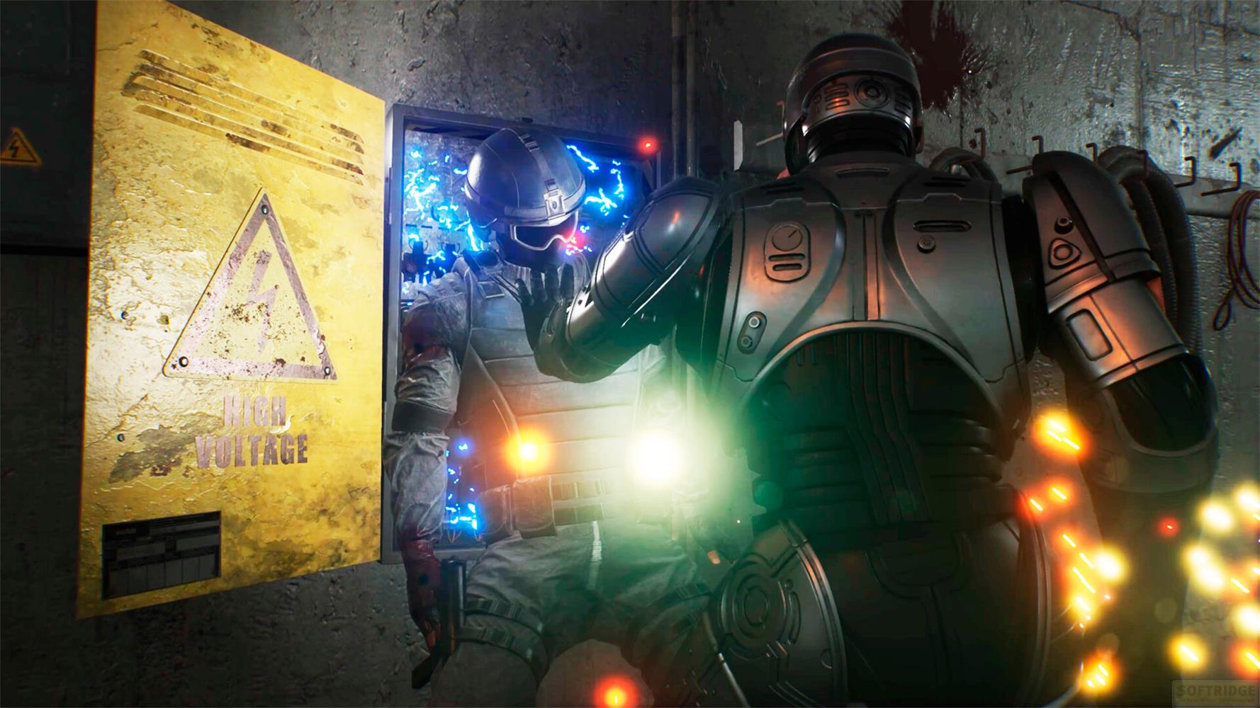 Ein Cyborg drückt einen Soldaten gegen einen offenen, elektrischen Kasten neben einem Hochspannungsschild.