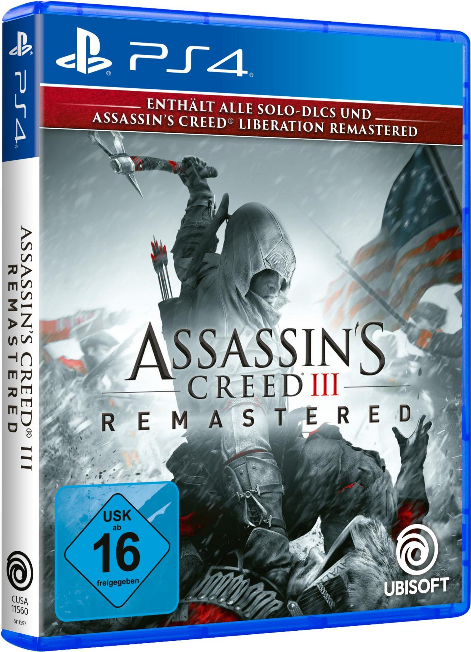 PS4-Spielhülle von Assassin's Creed III Remastered mit einem Assassinen mit Tomahawk und amerikanischer Flagge.