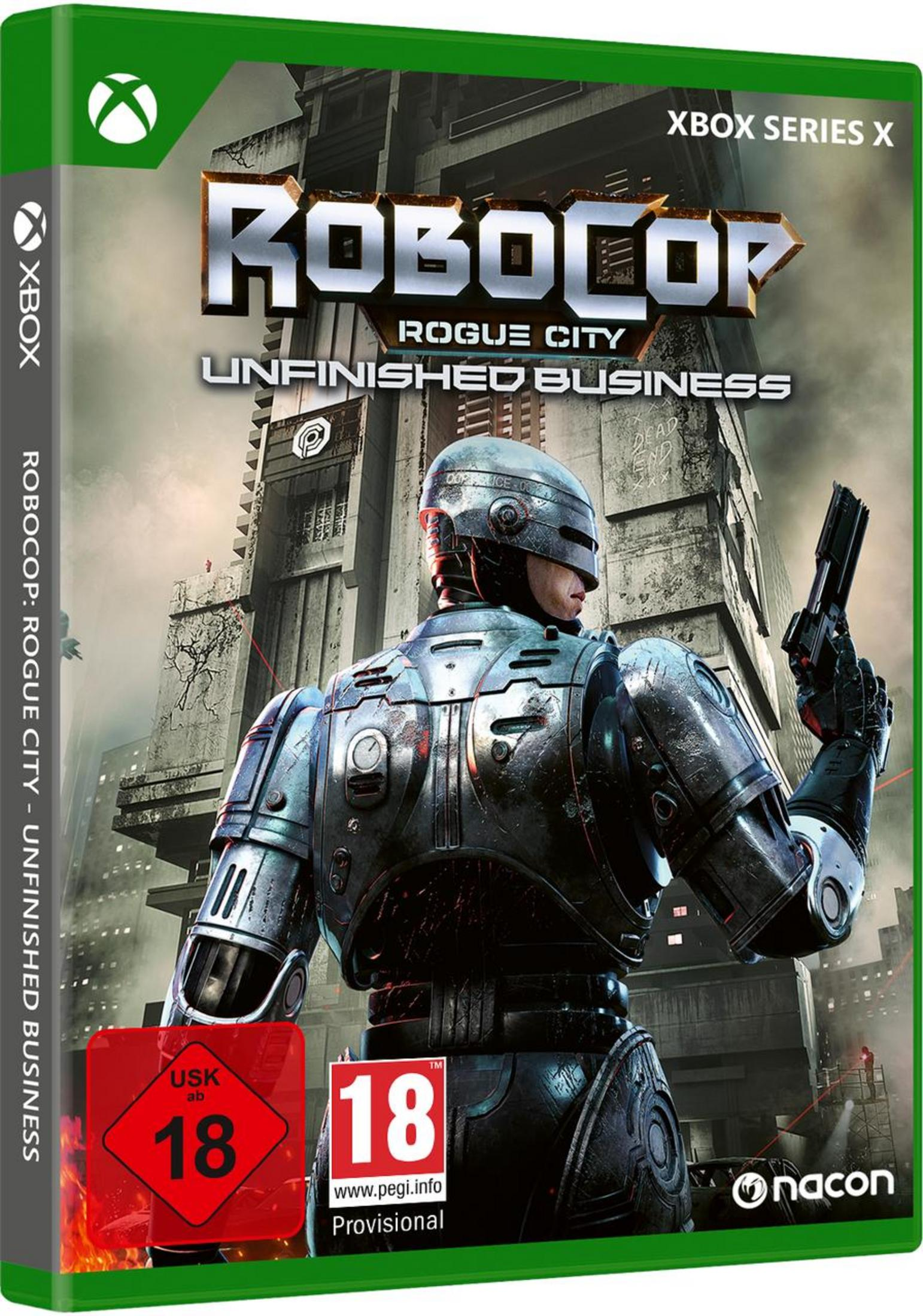 Xbox Series X Cover für RoboCop Rogue City Unfinished Business mit RoboCop vor einem Gebäude und USK 18 Logo.