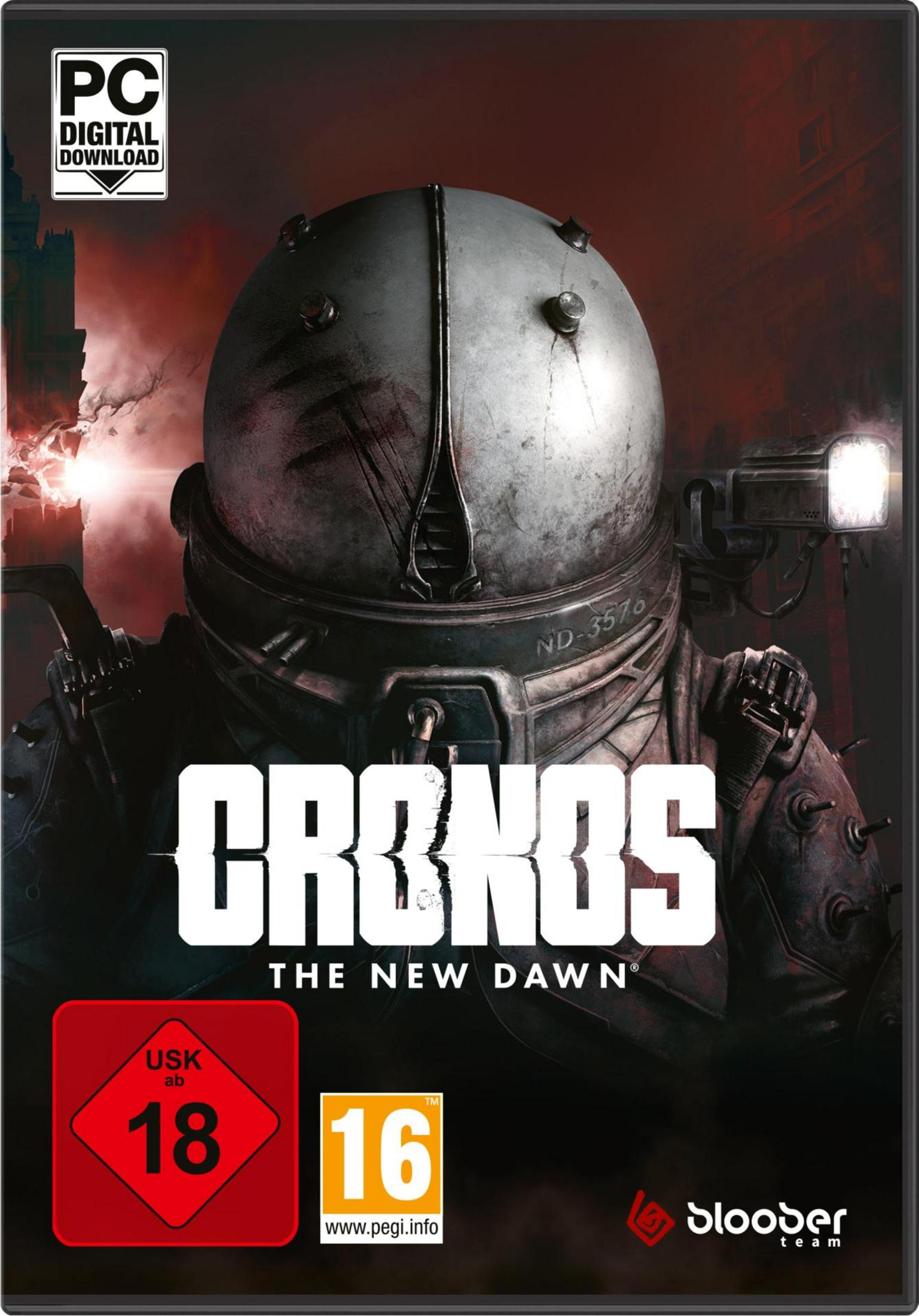Spielcover mit einem Charakter in grauem Helm vor dunklem Hintergrund, Titel "Cronos The New Dawn".