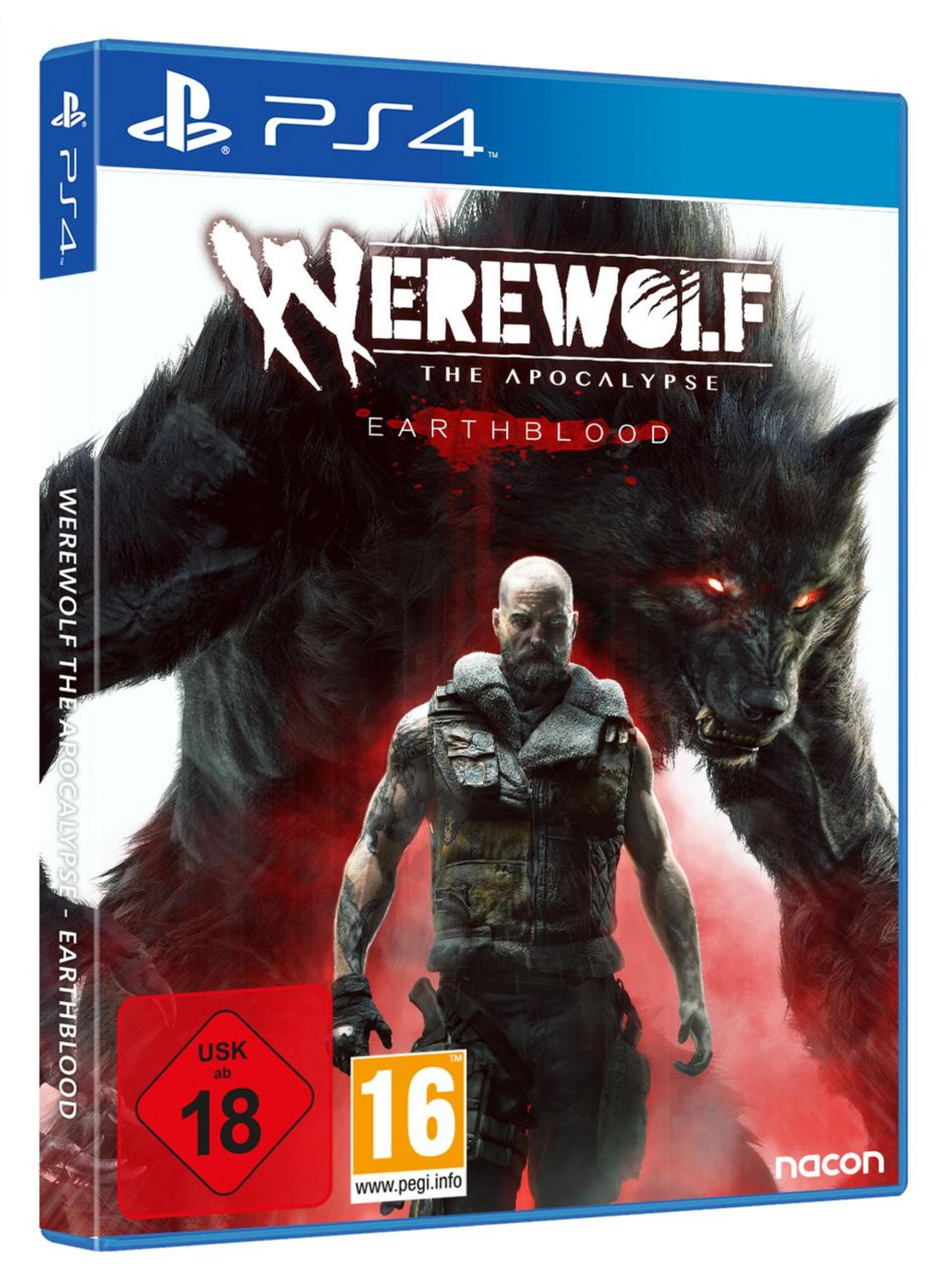 PS4-Spielhülle von Werewolf: The Apocalypse – Earthblood mit Charakter und Werwolf.