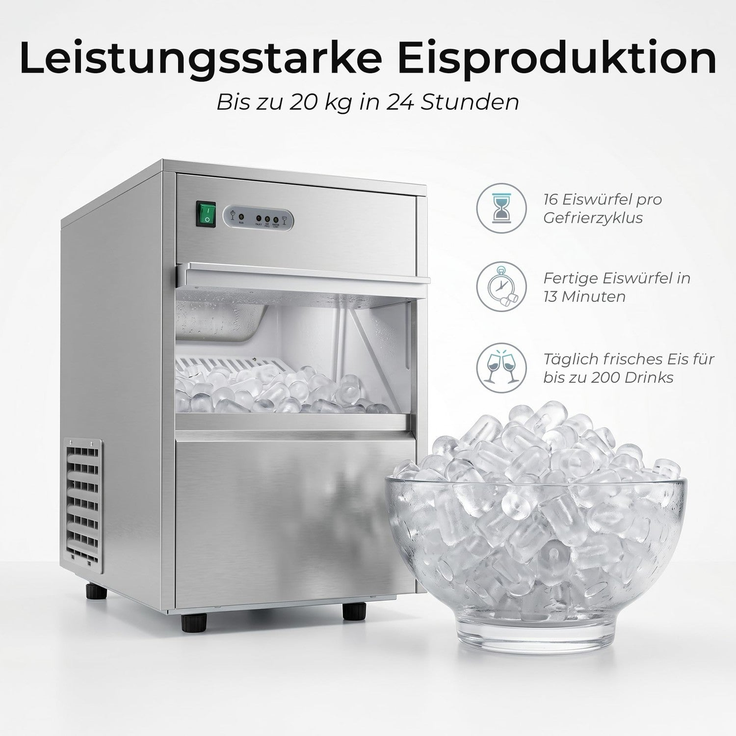 Edelstahl-Eiswürfelbereiter mit gefülltem Glasbehälter und Textinfografiken auf weißem Hintergrund.
