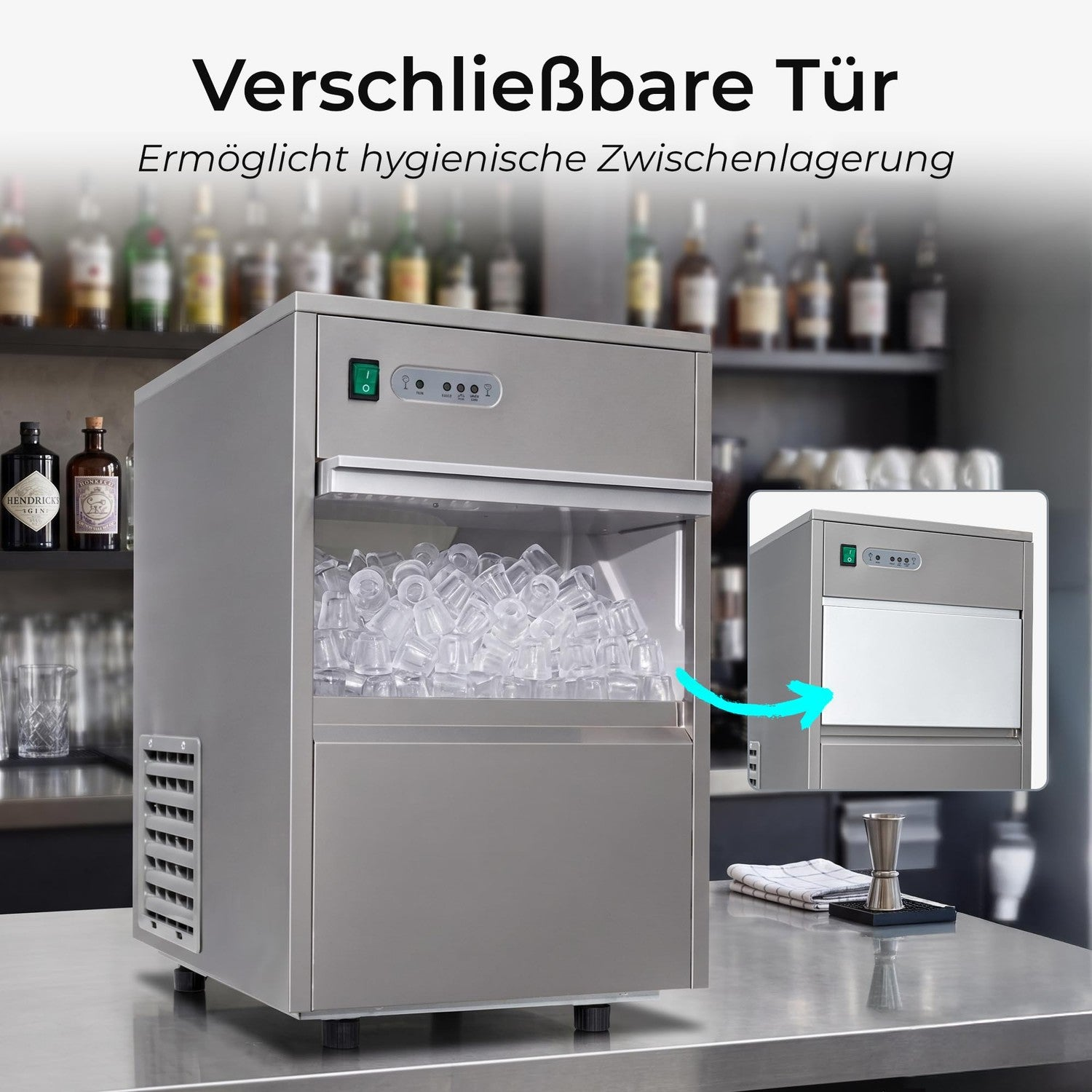 Edelstahl-Eiswürfelbereiter mit transparentem Fach voller Eiswürfel auf einem Tresen in einer Bar.
