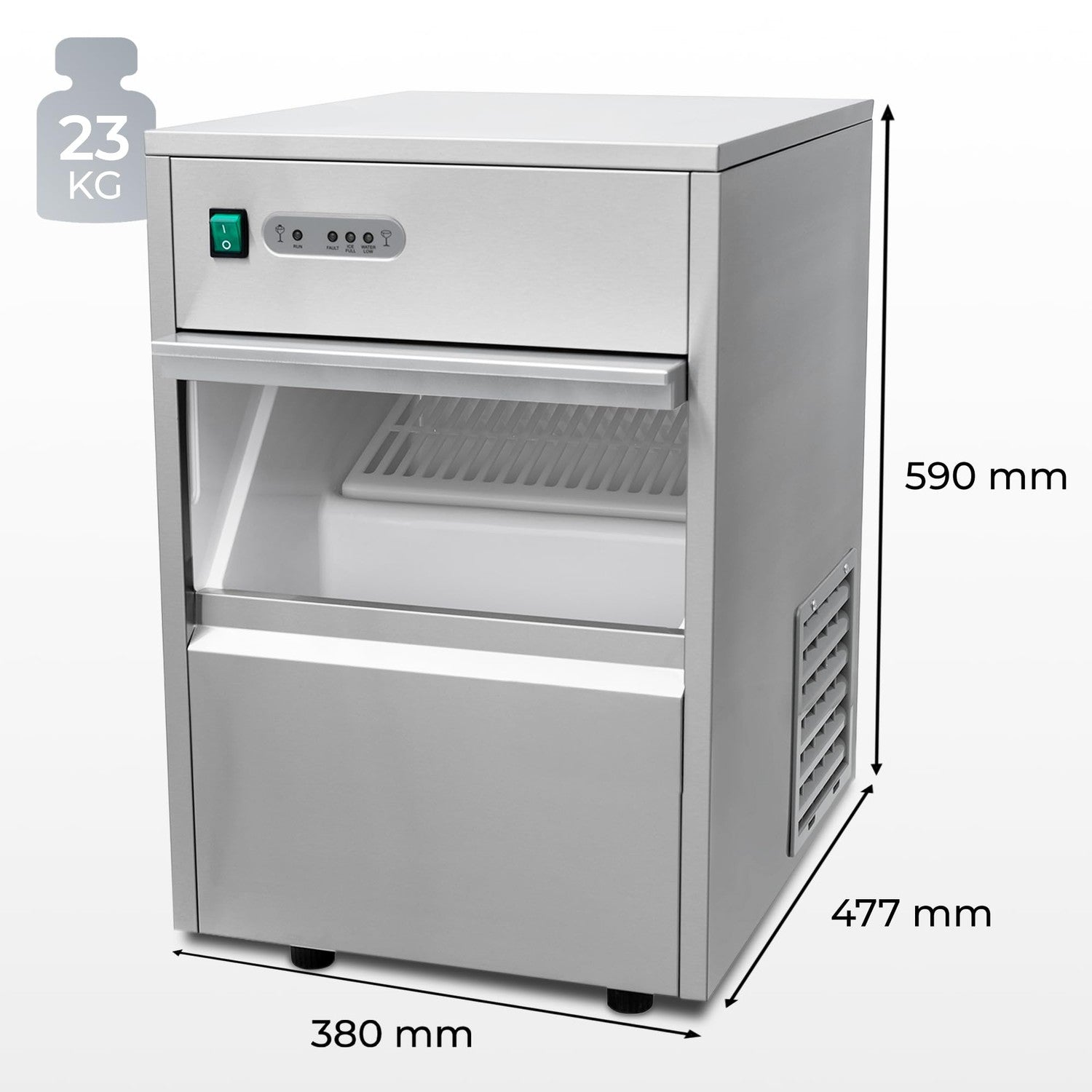 Silberne Eismaschine mit Abmessungen von 380x477x590 mm und einem Gewicht von 23 kg auf weißem Hintergrund.