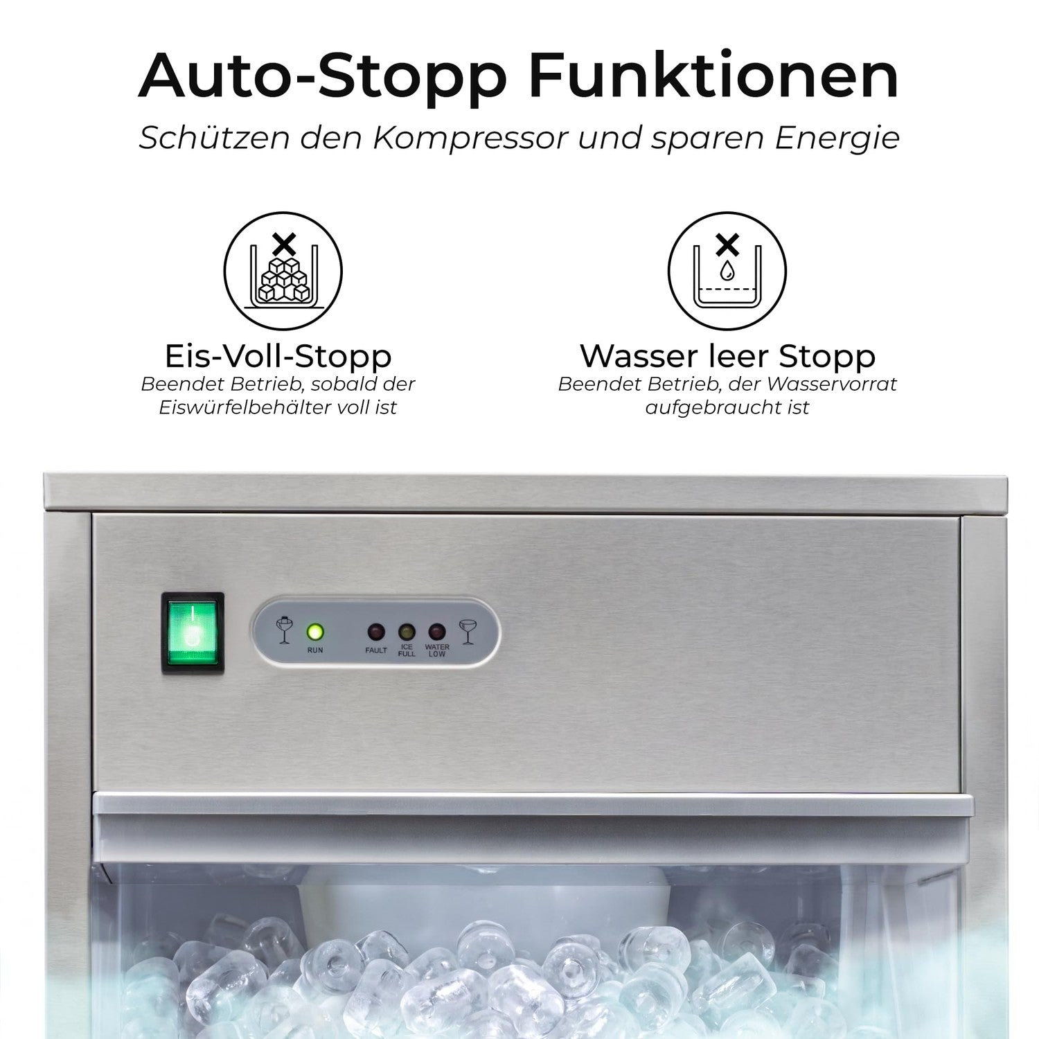 Eiswürfelbereiter mit Auto-Stopp-Funktion bei vollem Eisbehälter oder leerem Wassertank.