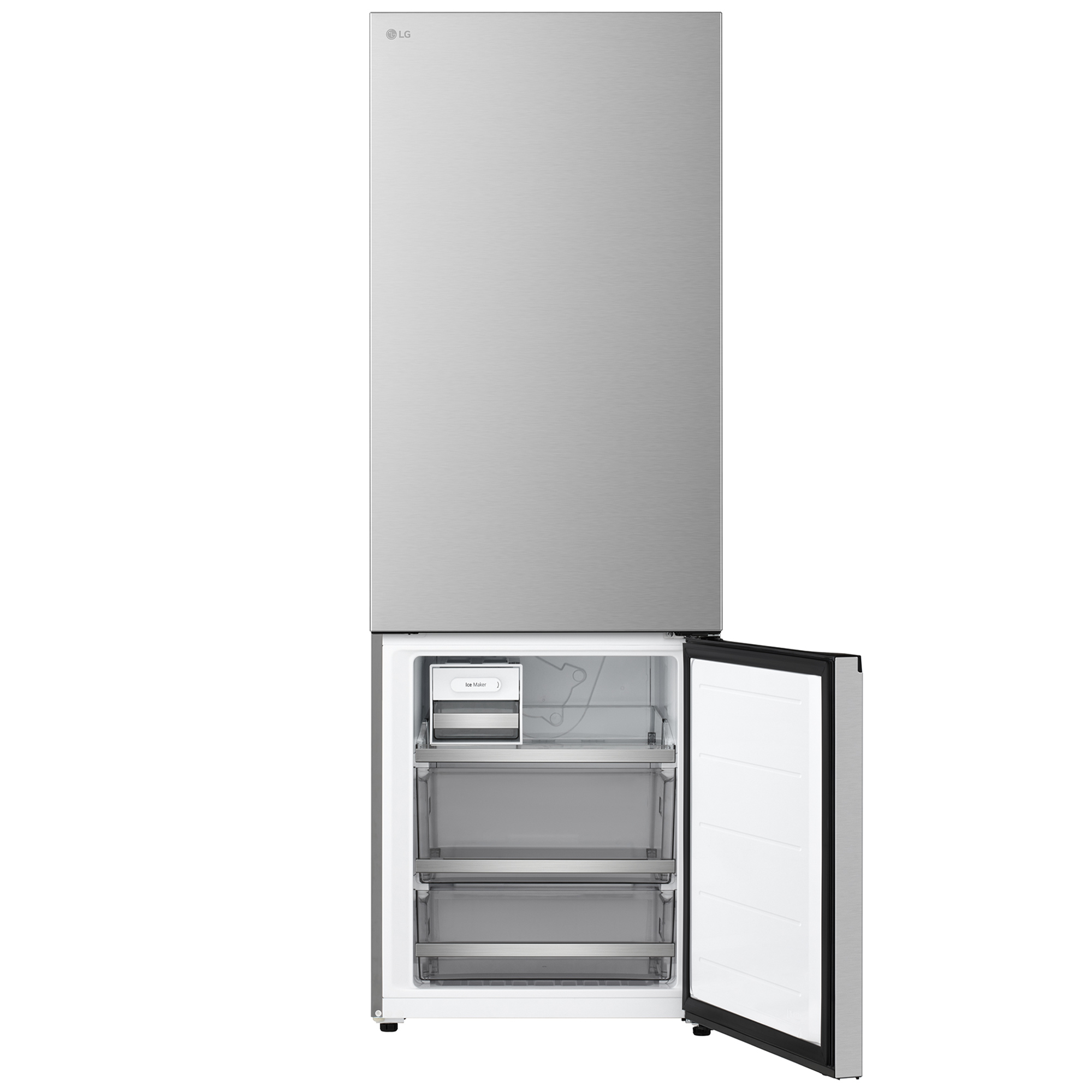 Ein silberner LG-Kühlschrank mit geöffneter Gefrierschublade, die drei Fächer und eine Eismaschine zeigt.