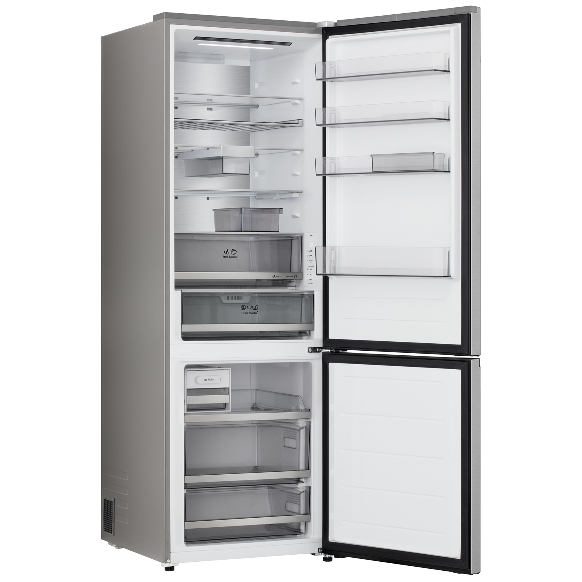 Silberner Kühlschrank mit geöffneten Türen, der Regale, Schubladen und ein Eisfach im Innenraum zeigt.