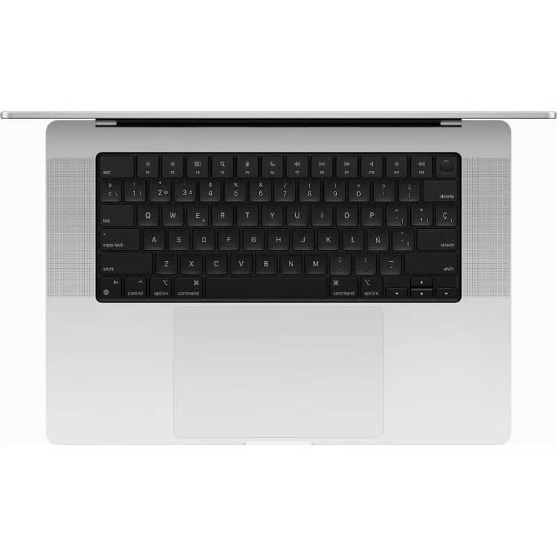 Vista superior de un teclado de portátil plateado con distribución QWERTY negra y gran panel táctil.