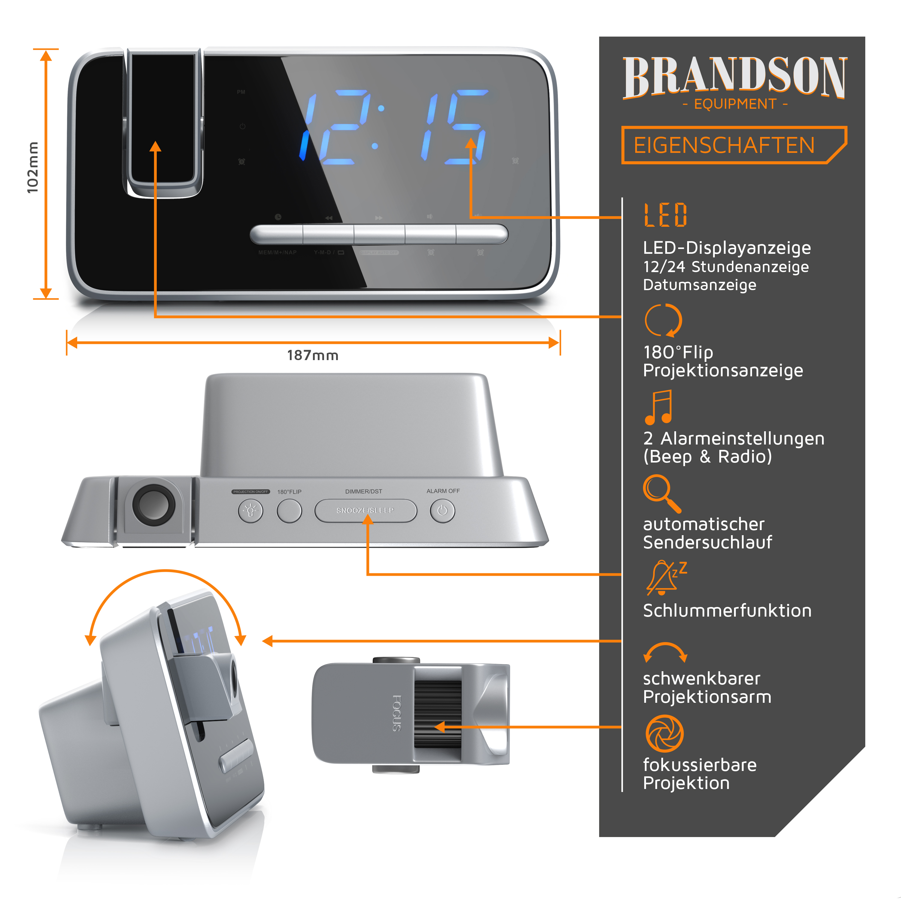 Brandson Projektionswecker mit blauer LED-Anzeige, Maßen, Bedienelementen und Funktionsbeschreibung auf der rechten Seite.