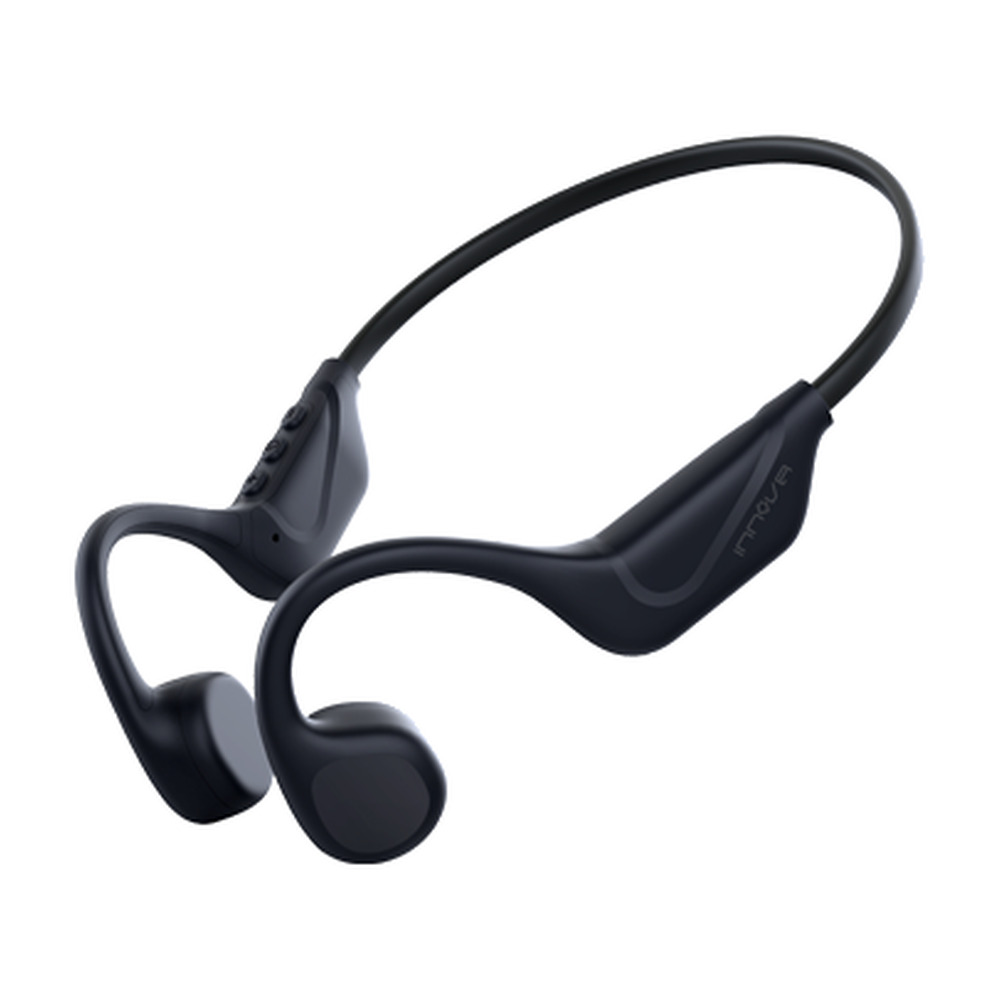 Auriculares de conducción ósea negros con banda para el cuello y botones de control sobre fondo blanco.