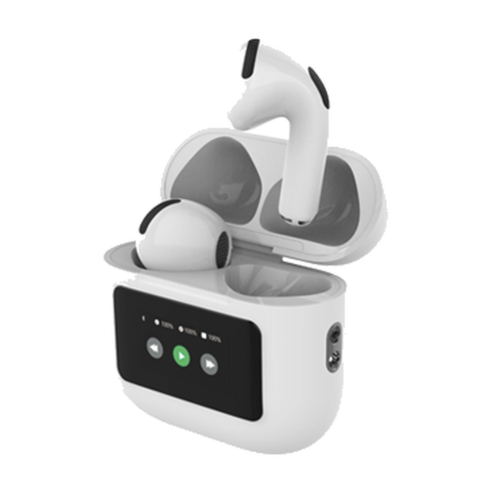 Estuche de carga blanco para auriculares con pantalla táctil y dos auriculares blancos.