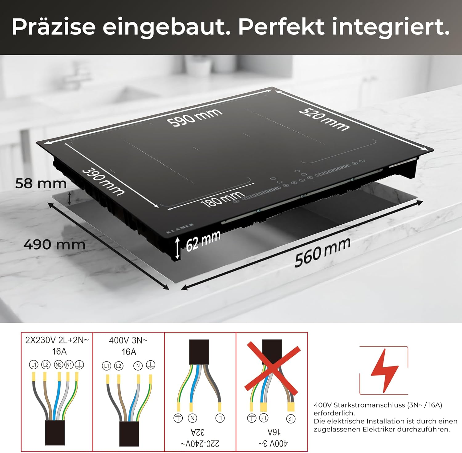 Ein schwarzes Induktionskochfeld mit Maßangaben und elektrischen Anschlussplänen unten.