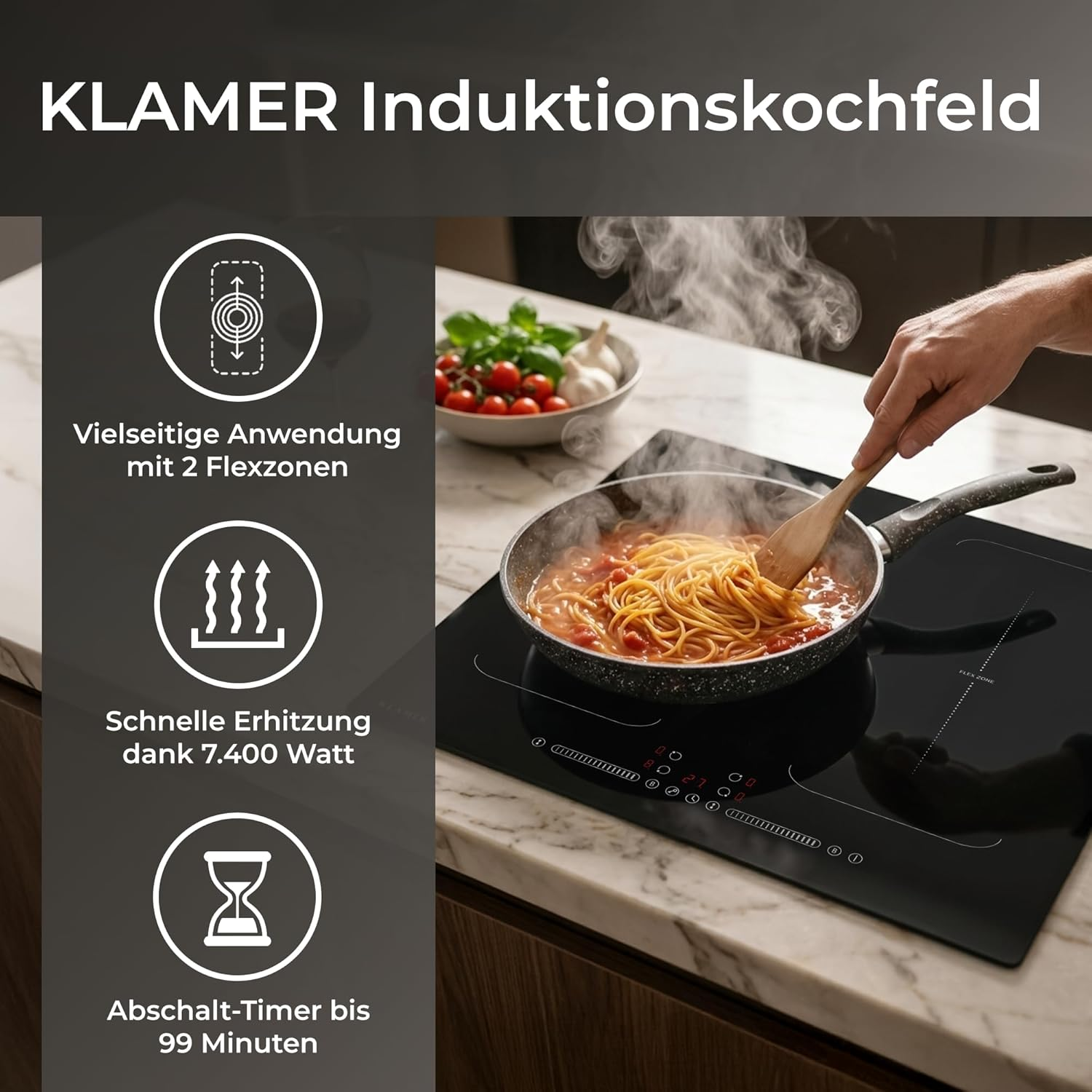 Klamer Induktionskochfeld mit Pfanne, auf der Spaghetti in Tomatensauce zubereitet werden, und Produktmerkmalen.
