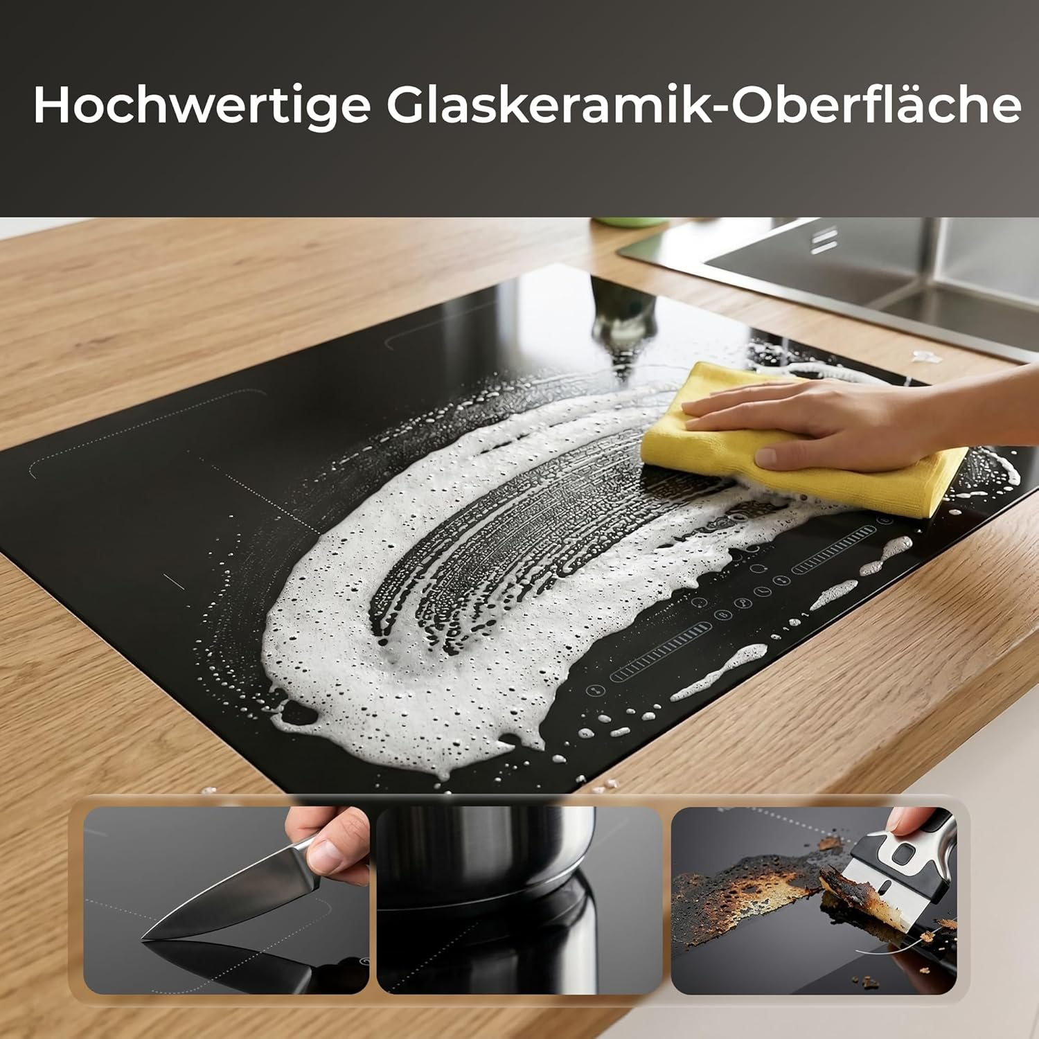 Eine Hand reinigt ein schwarzes Glaskeramik-Kochfeld mit Reinigungsschaum und einem gelben Tuch.