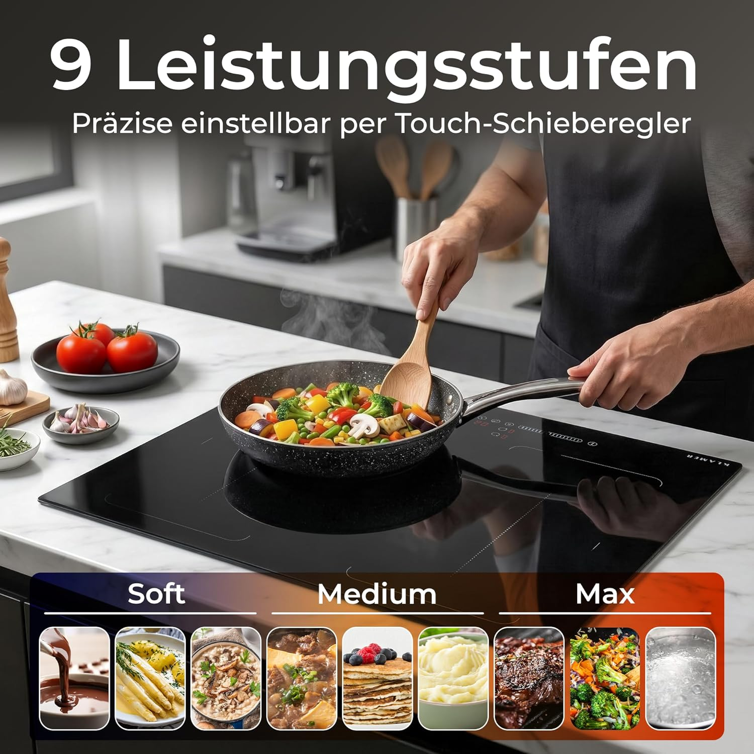 Person kocht Gemüse in einer Pfanne auf einem modernen Induktionskochfeld mit Touch-Reglern.