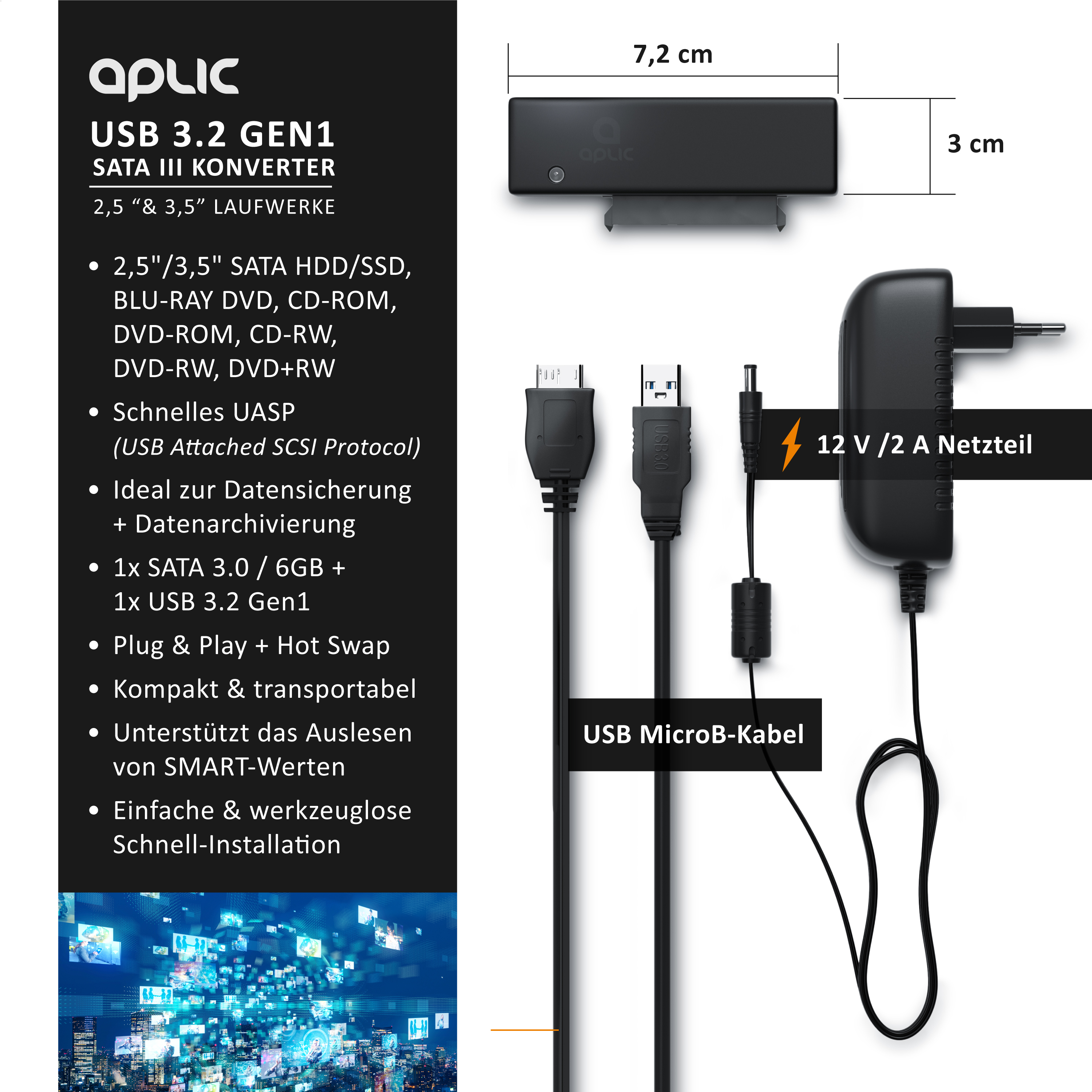 Produktübersicht des Aplic USB 3.2 SATA Konverters mit Abmessungen, Kabeln und Netzteil.