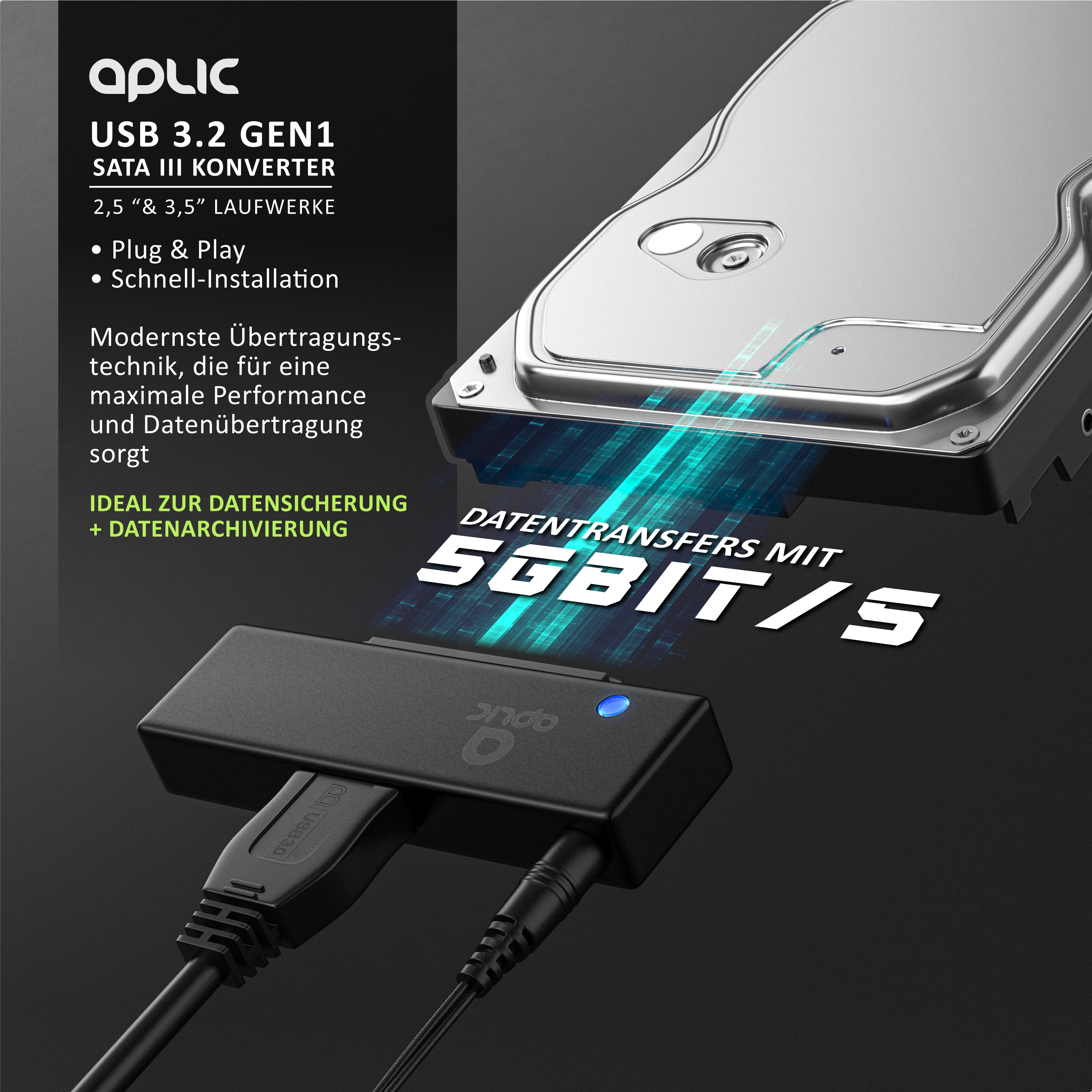 USB 3.2 Gen1 zu SATA Konverter verbunden mit Festplatte, digitaler Datentransfer mit 5 Gbit/s.