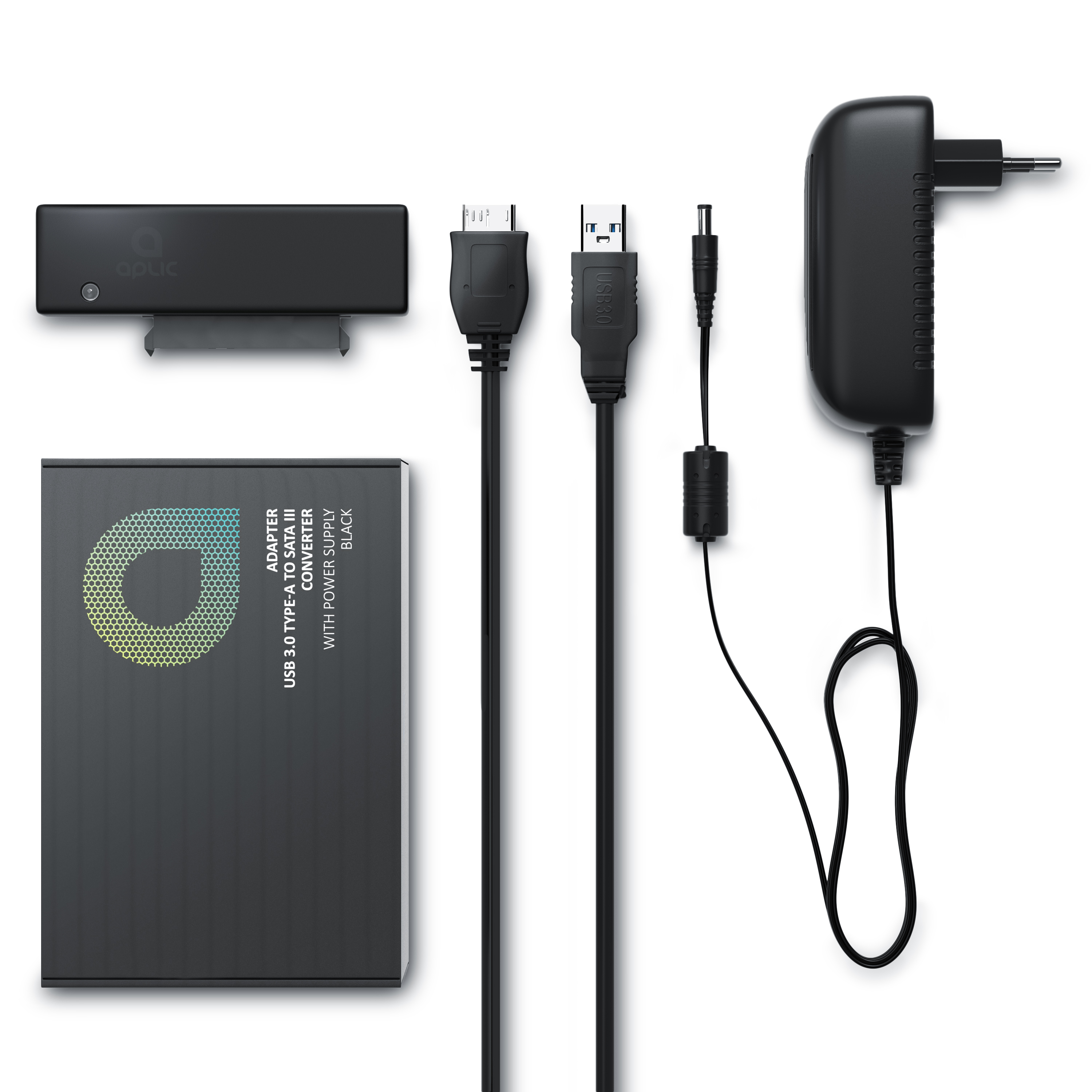 Schwarzer USB 3.0 auf SATA Konverter mit Netzteil, Kabeln und Box auf weißem Hintergrund.