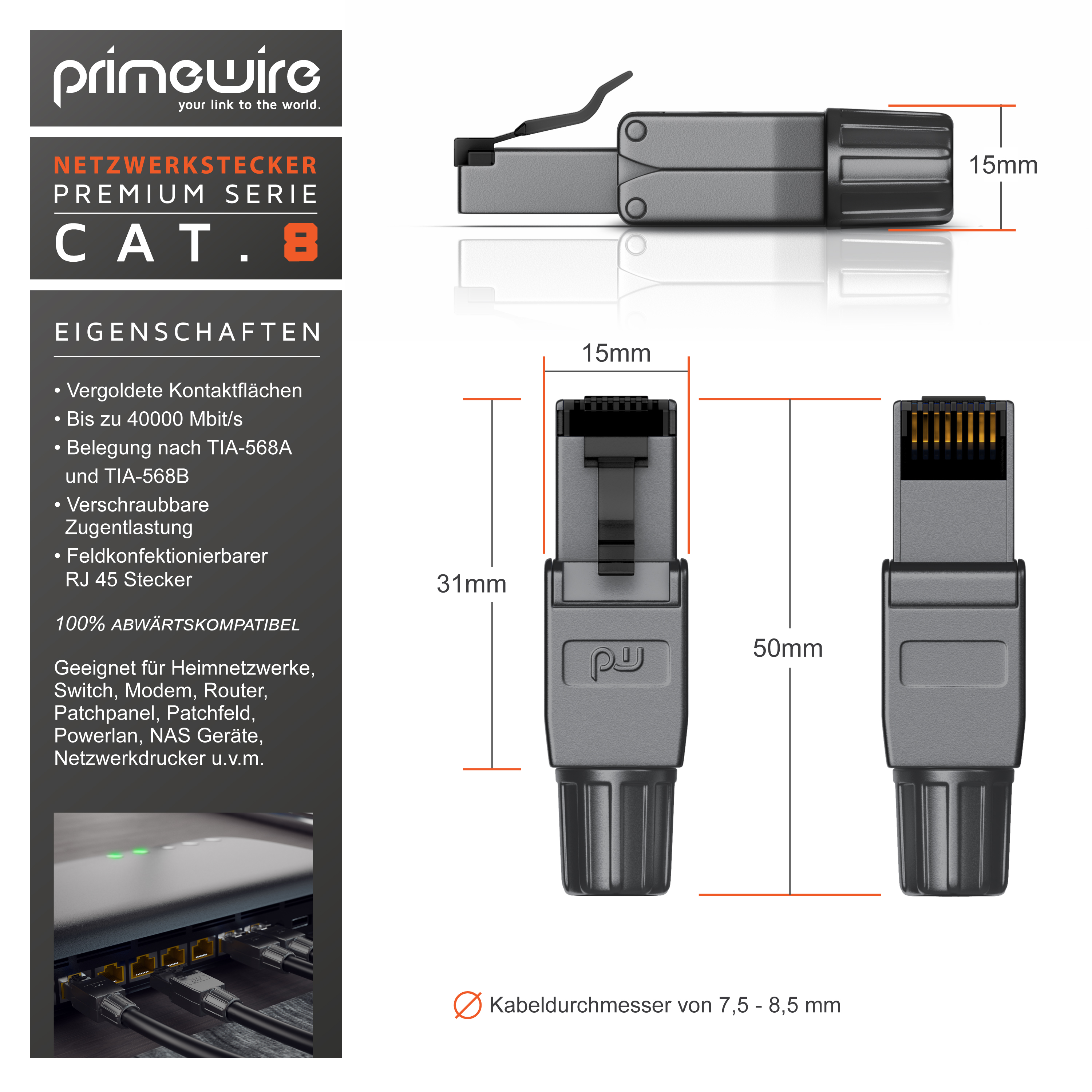 Technische Zeichnung und Produktinfo eines grauen Primewire Cat 8 Netzwerksteckers mit Maßen.