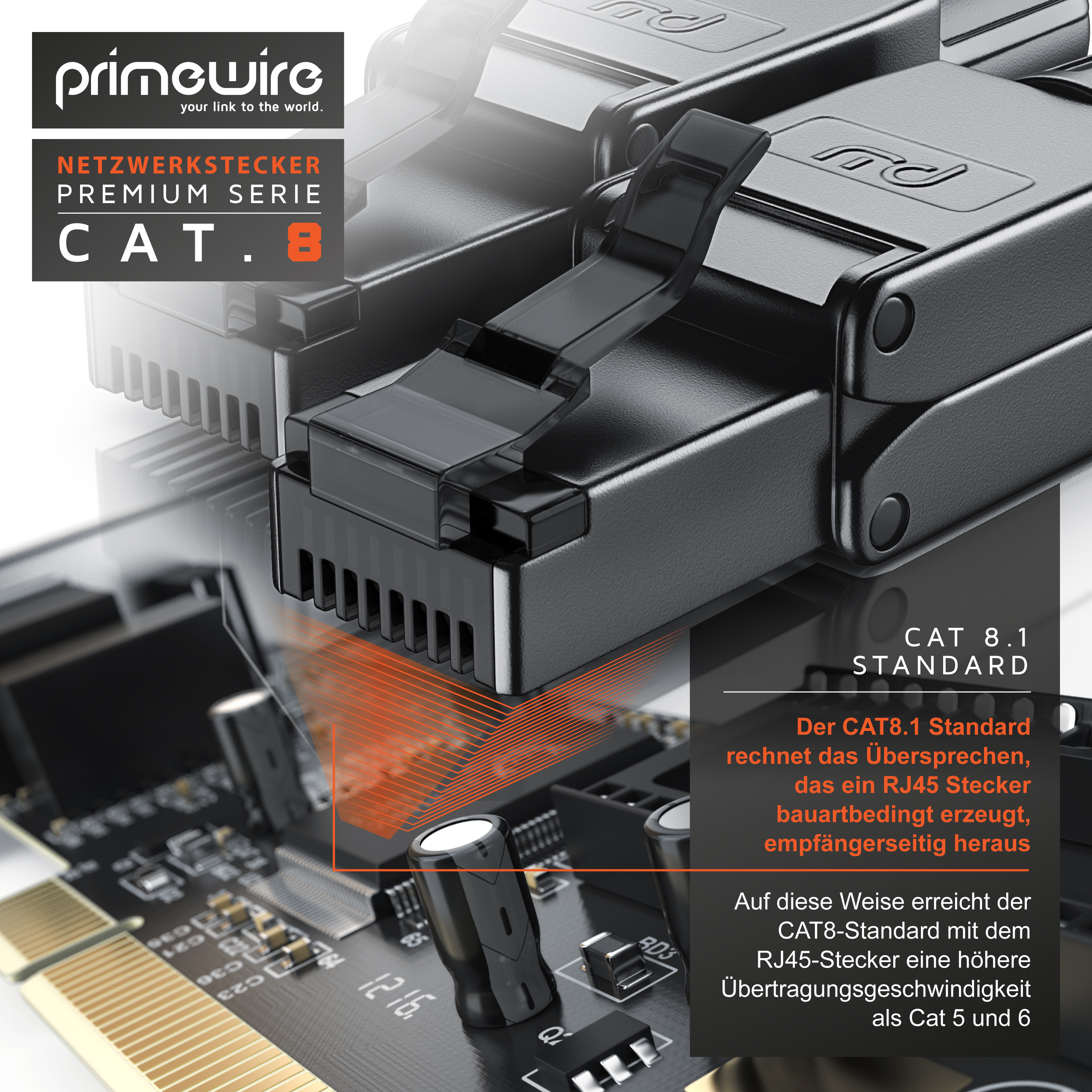 Primewire CAT 8 Netzwerkstecker über einer Platine mit Erläuterungen zum CAT 8.1 Standard in deutscher Sprache.