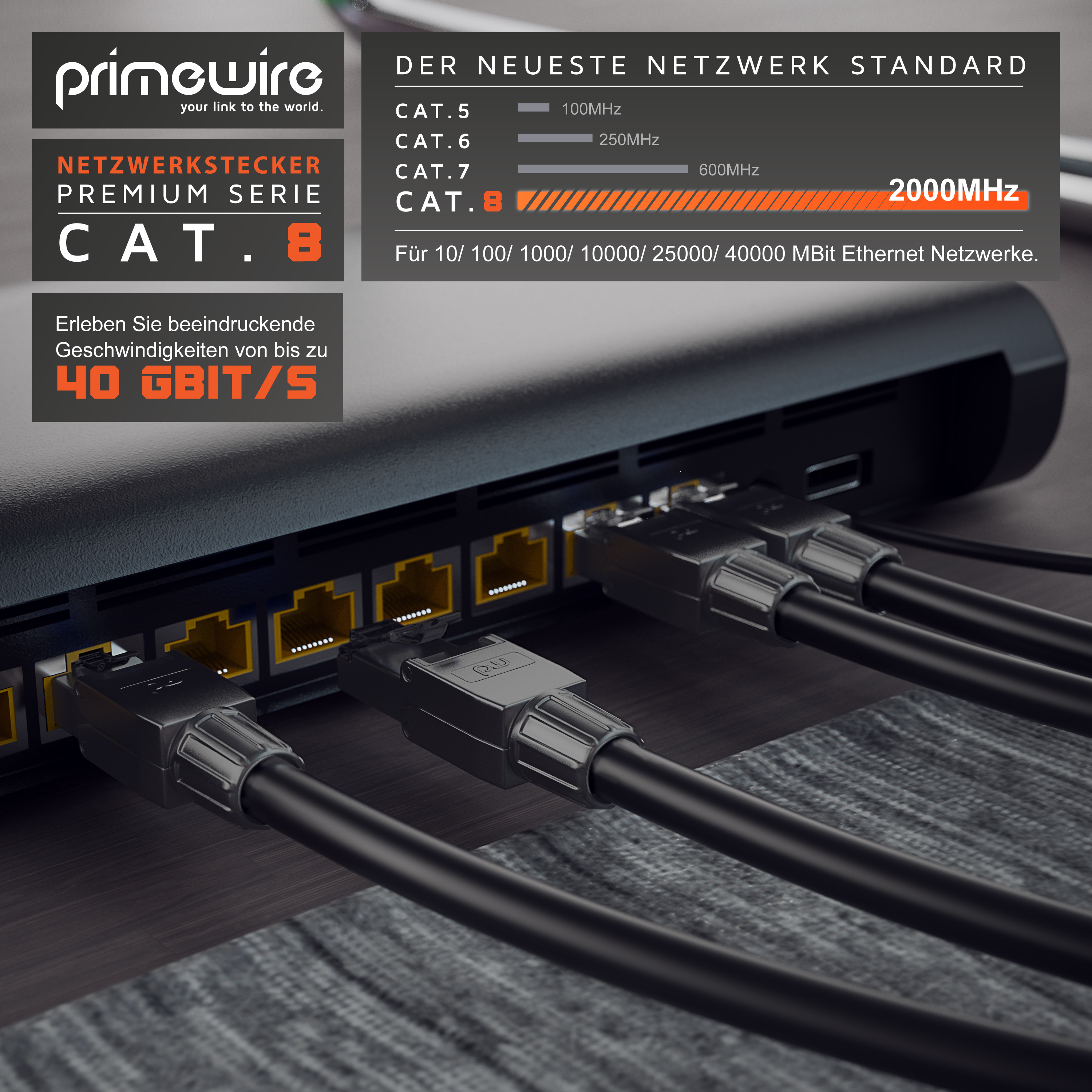Nahaufnahme schwarzer Cat.8-Ethernet-Kabel in einem dunklen Router mit Texten zu Netzwerkgeschwindigkeiten.