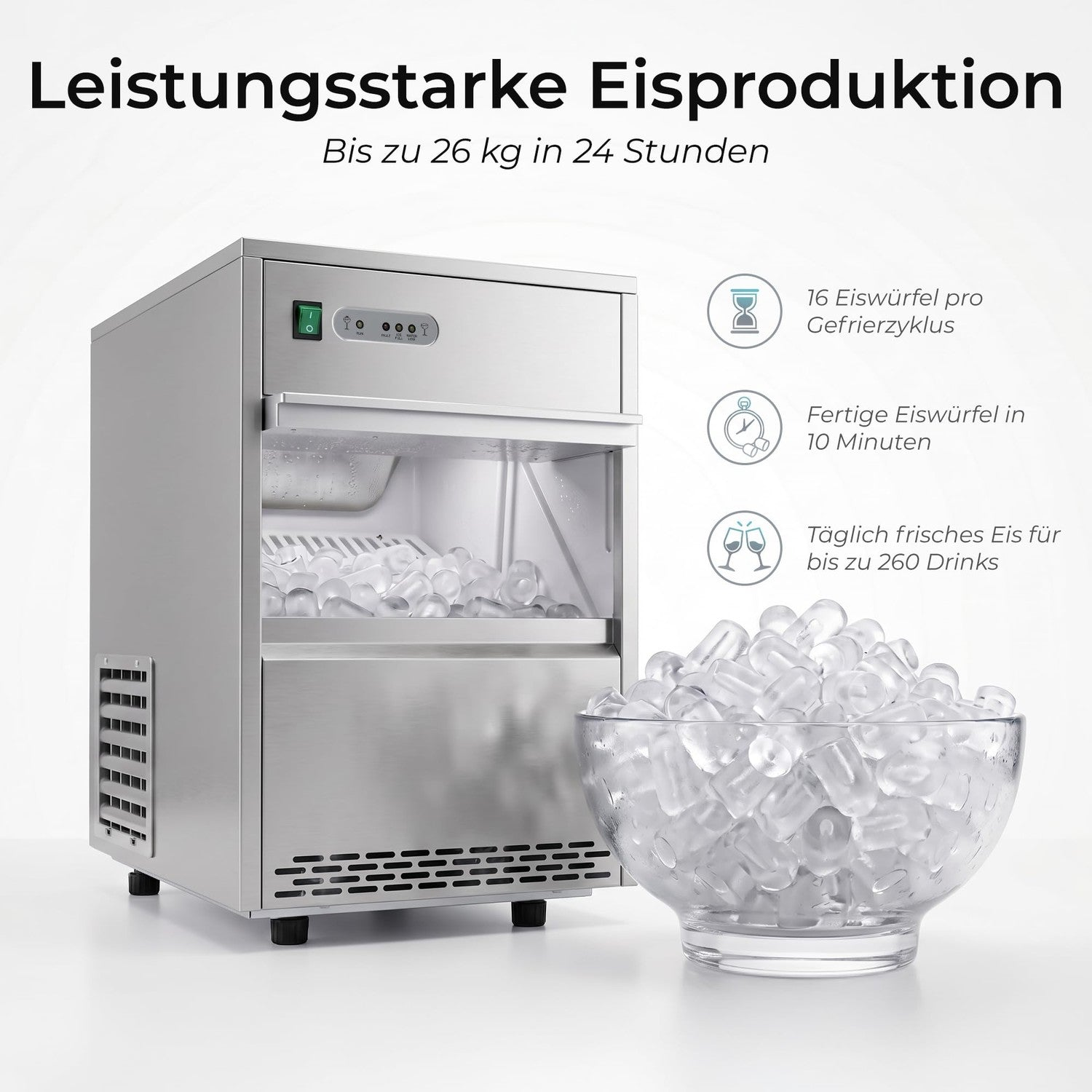 Edelstahl-Eiswürfelbereiter mit gefüllter Glasschüssel und Infotexten auf weißem Hintergrund.