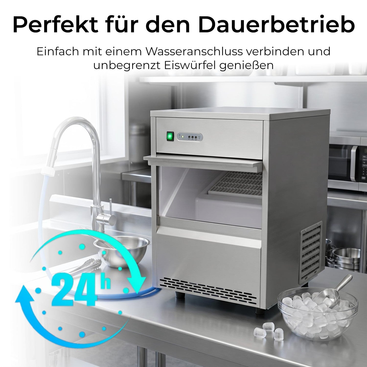 Gewerbliche Eismaschine aus Edelstahl auf einer Theke mit einer Eisschüssel und einem Wasserhahn.