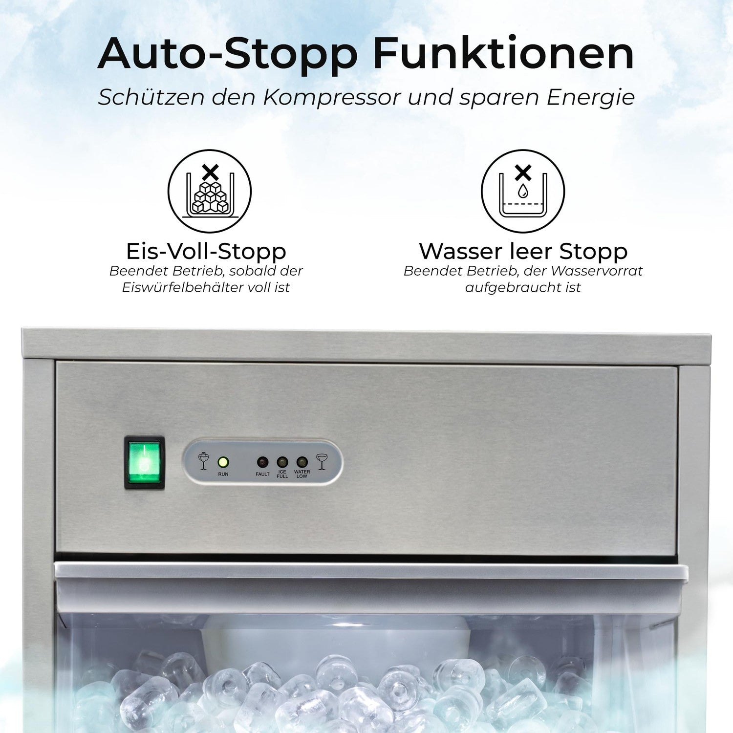 Eisbereiter mit Schutzfunktionen für vollen Eiskorb und leeren Wassertank, darunter ein beleuchteter Behälter voll Eis.