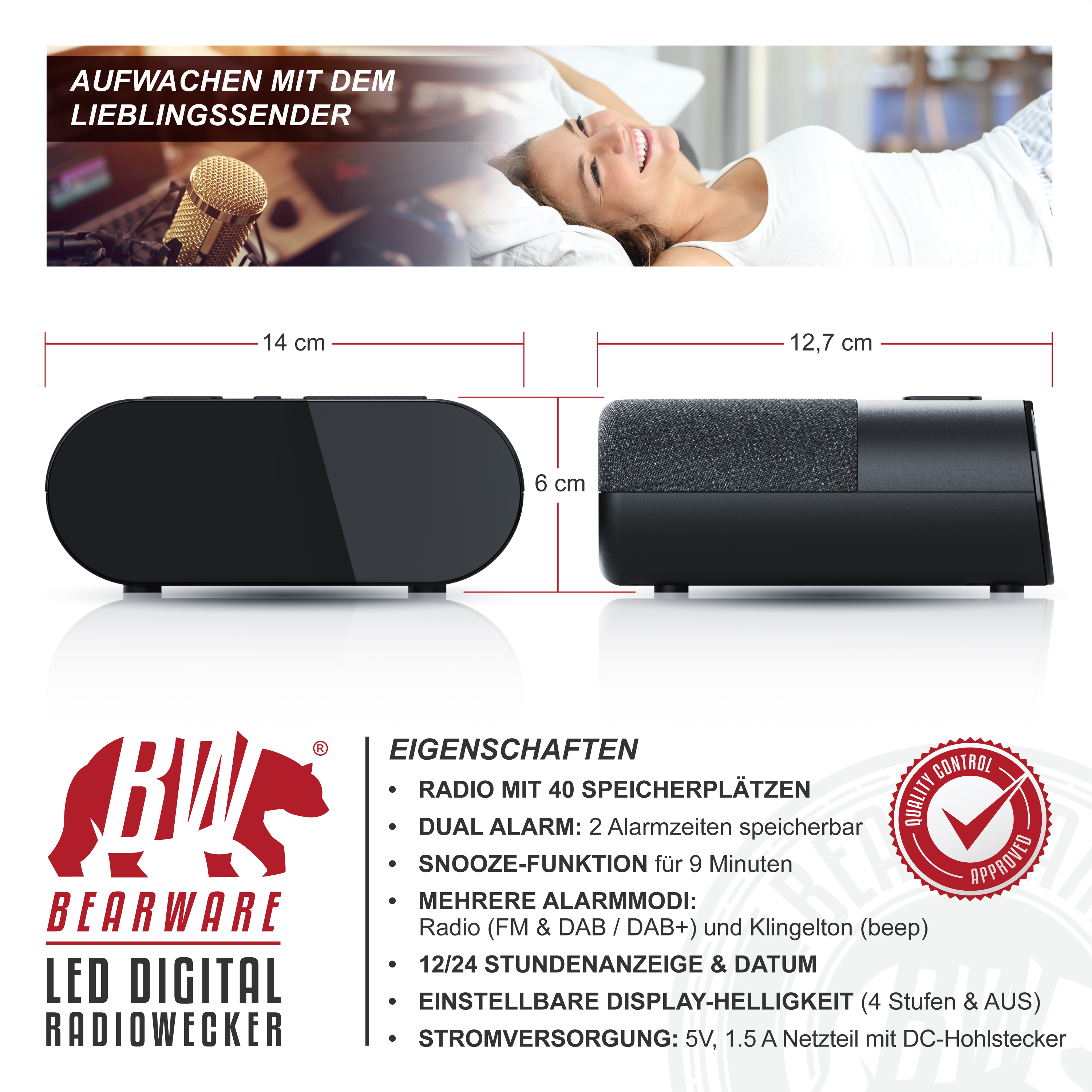 Produktübersicht eines Bearware LED Digital-Radioweckers mit Maßen, Logo und technischen Eigenschaften.