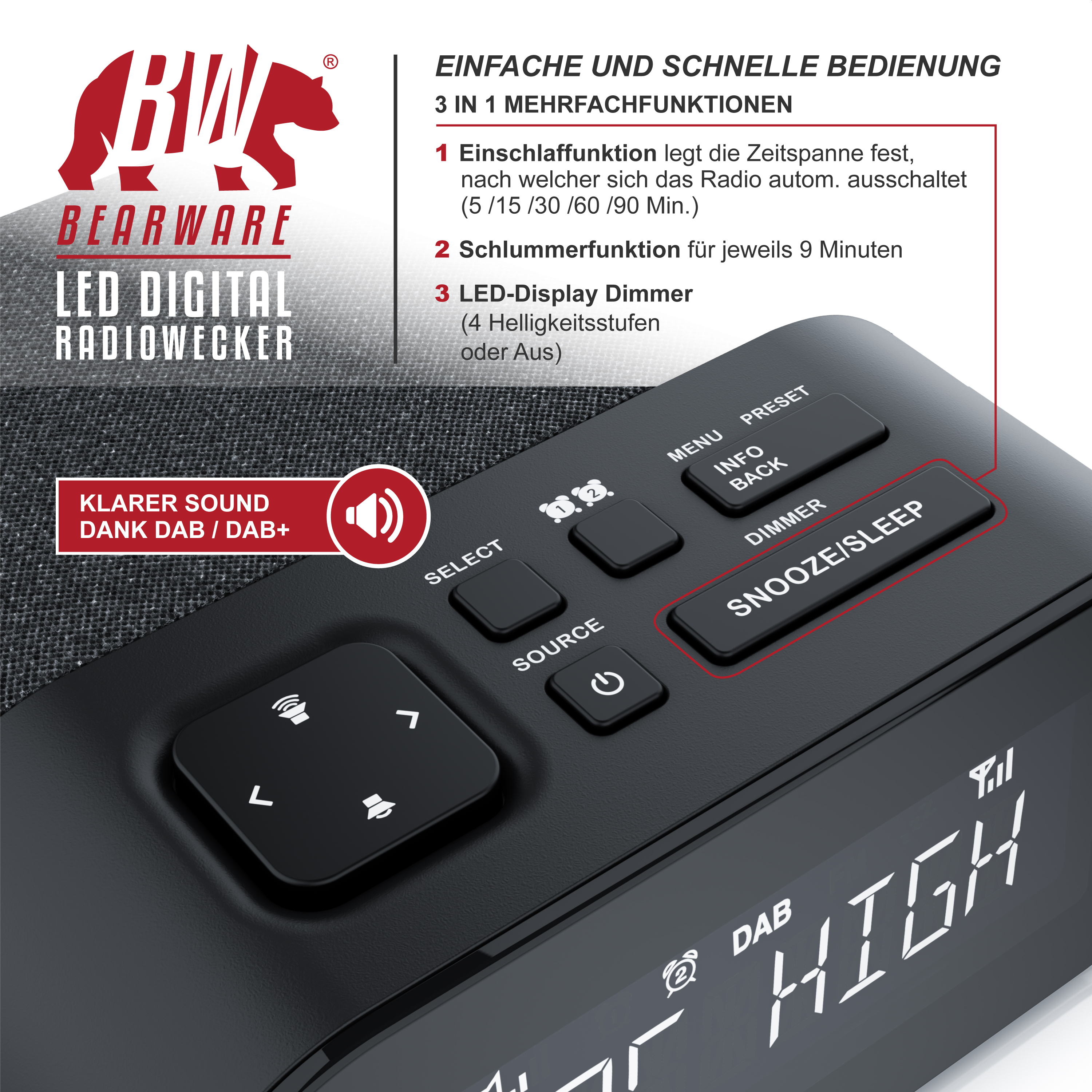 Produktbild eines schwarzen Bearware LED Digital Radioweckers mit Bedienelementen und Infotexten.