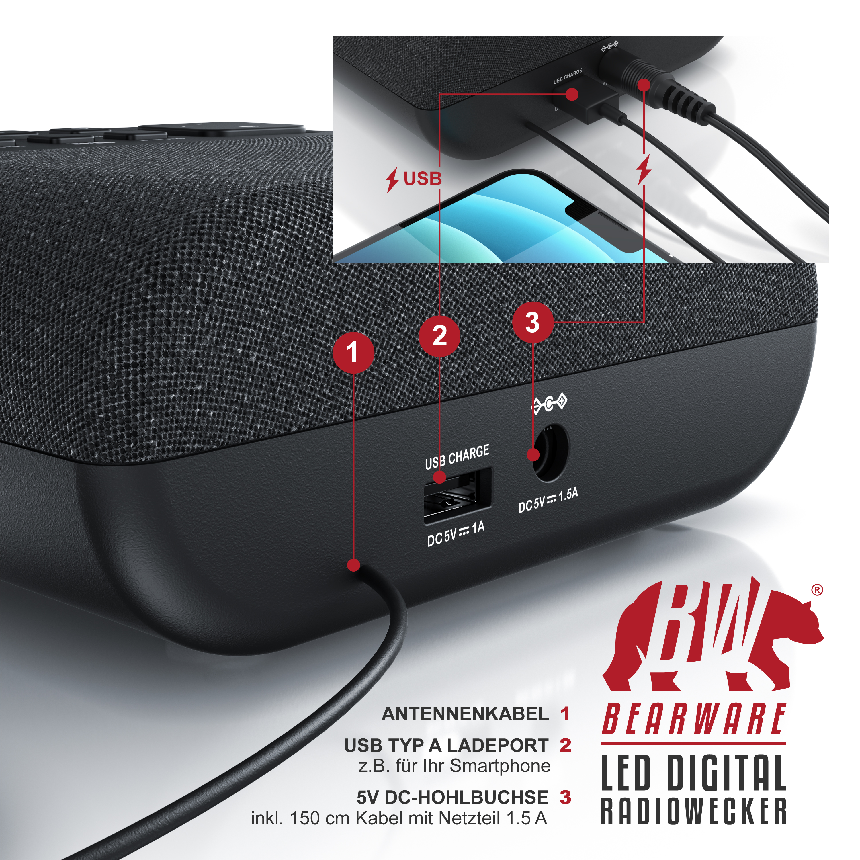 Ein schwarzer Bearware LED-Digitalradio-Wecker mit Anschlüssen für Antenne, USB und Stromversorgung.