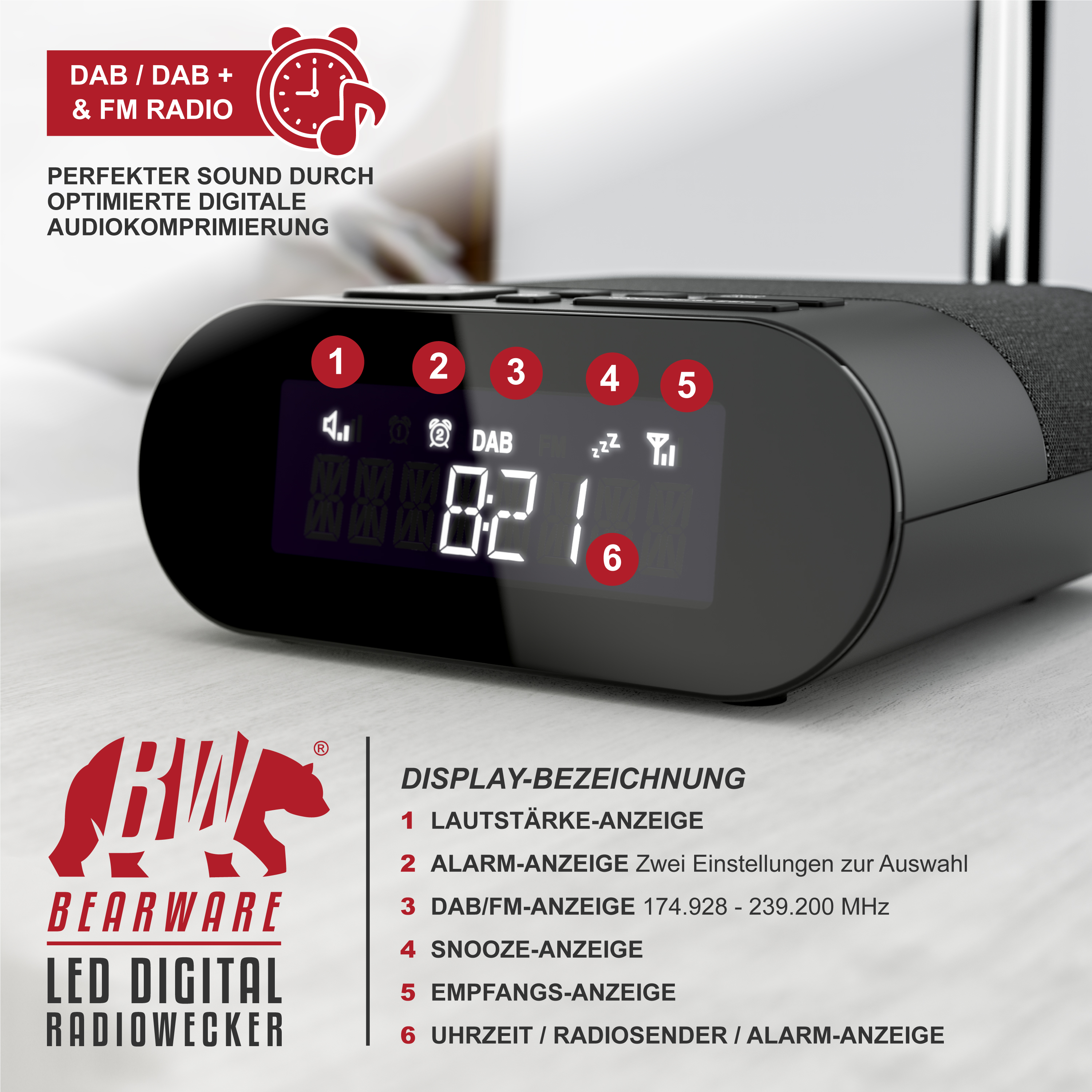 Ein schwarzer Digitalradio-Wecker mit beleuchtetem Display zeigt Uhrzeit, Symbole und Nummern 1 bis 6.