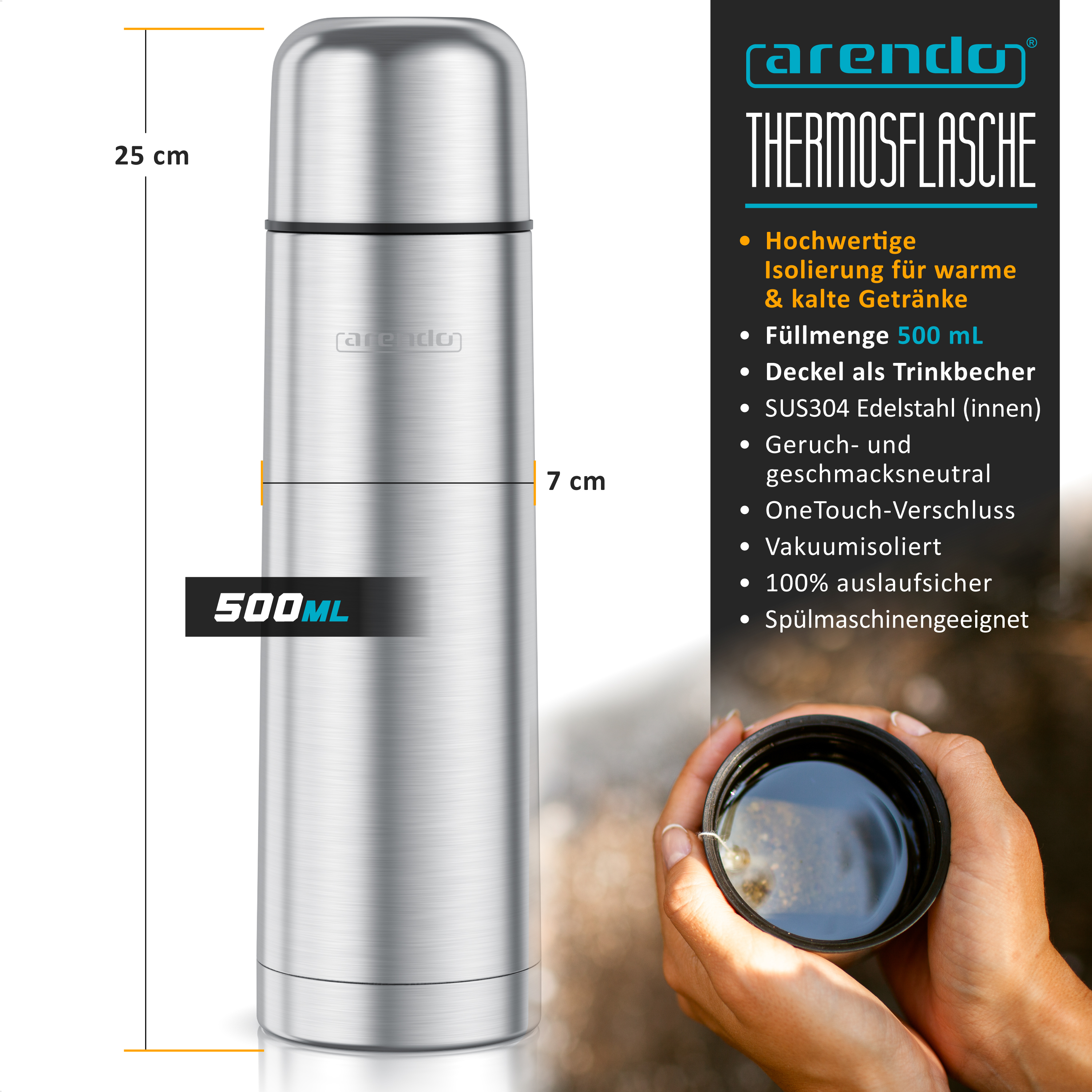 Edelstahl-Thermosflasche, 500 ml, 25 cm hoch, mit Becher und Textbeschreibung.