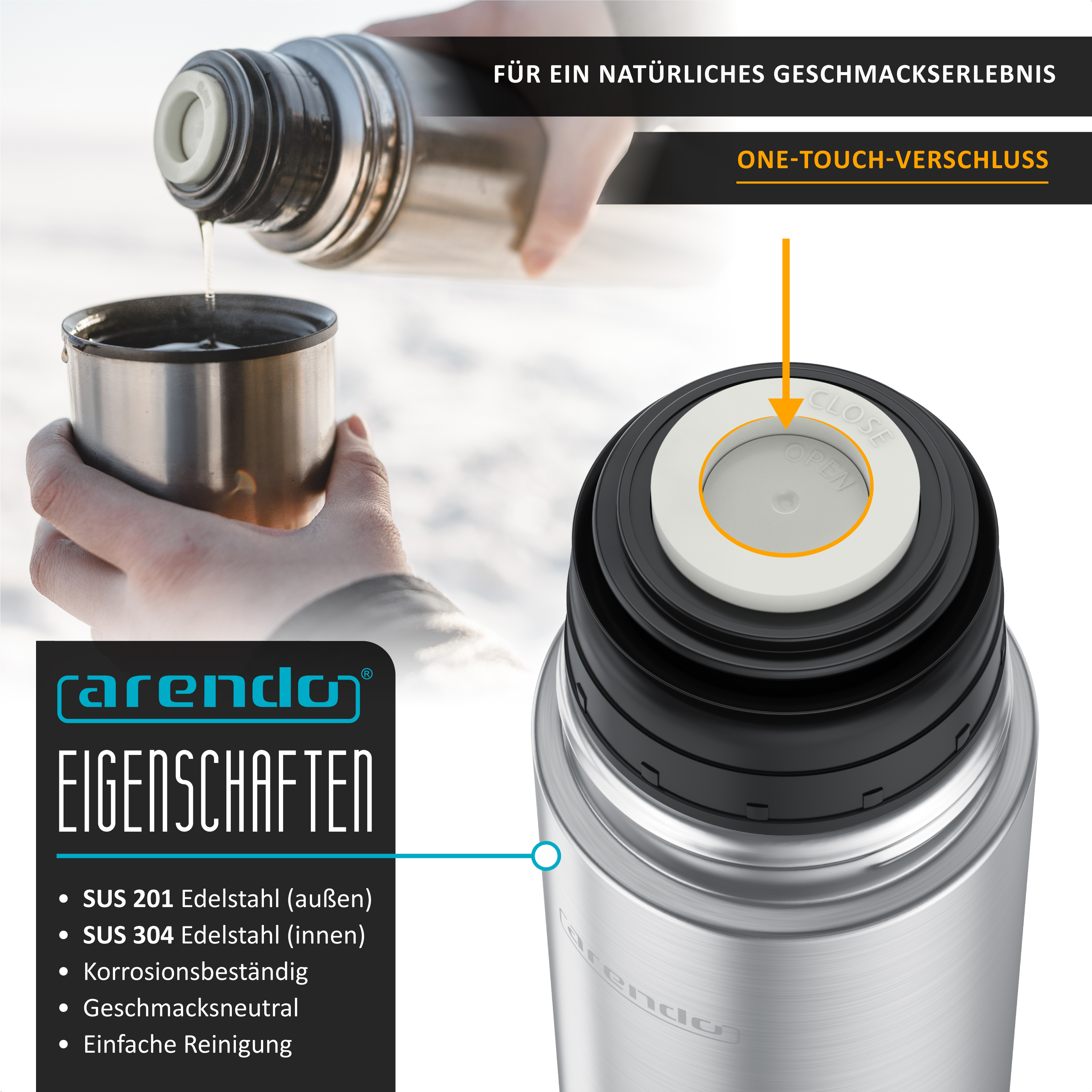 Eine Edelstahl-Thermoskanne mit One-Touch-Druckknopfverschluss und deutschen Feature-Texten.