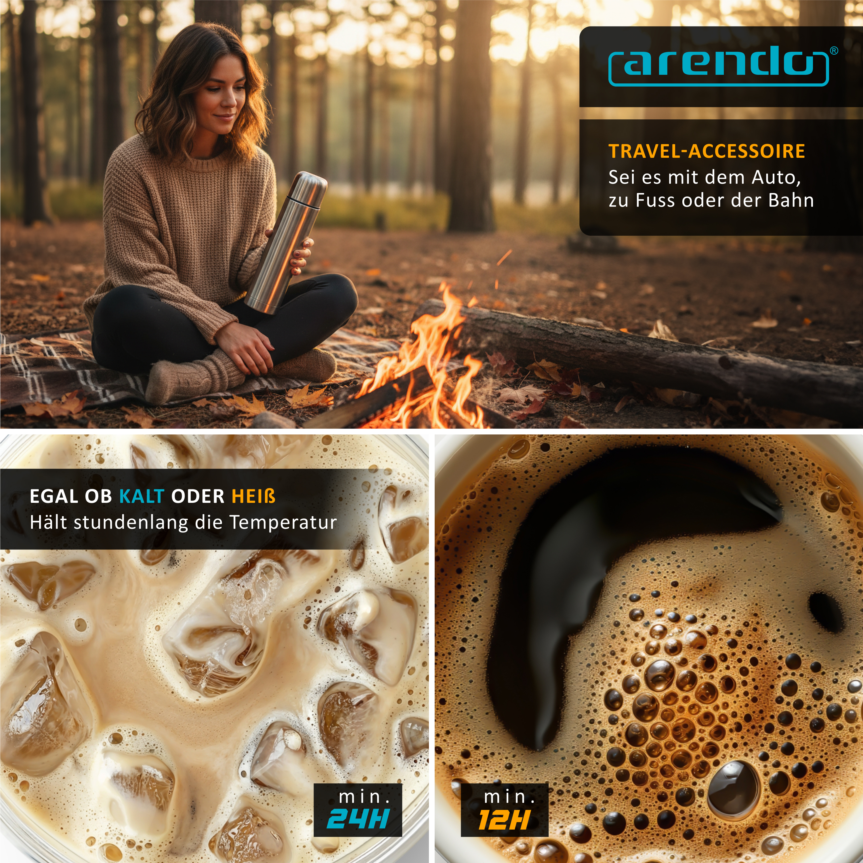 Eine Frau sitzt am Lagerfeuer mit Thermoskanne, dazu Eiskaffee und heißer Kaffee im Detail.