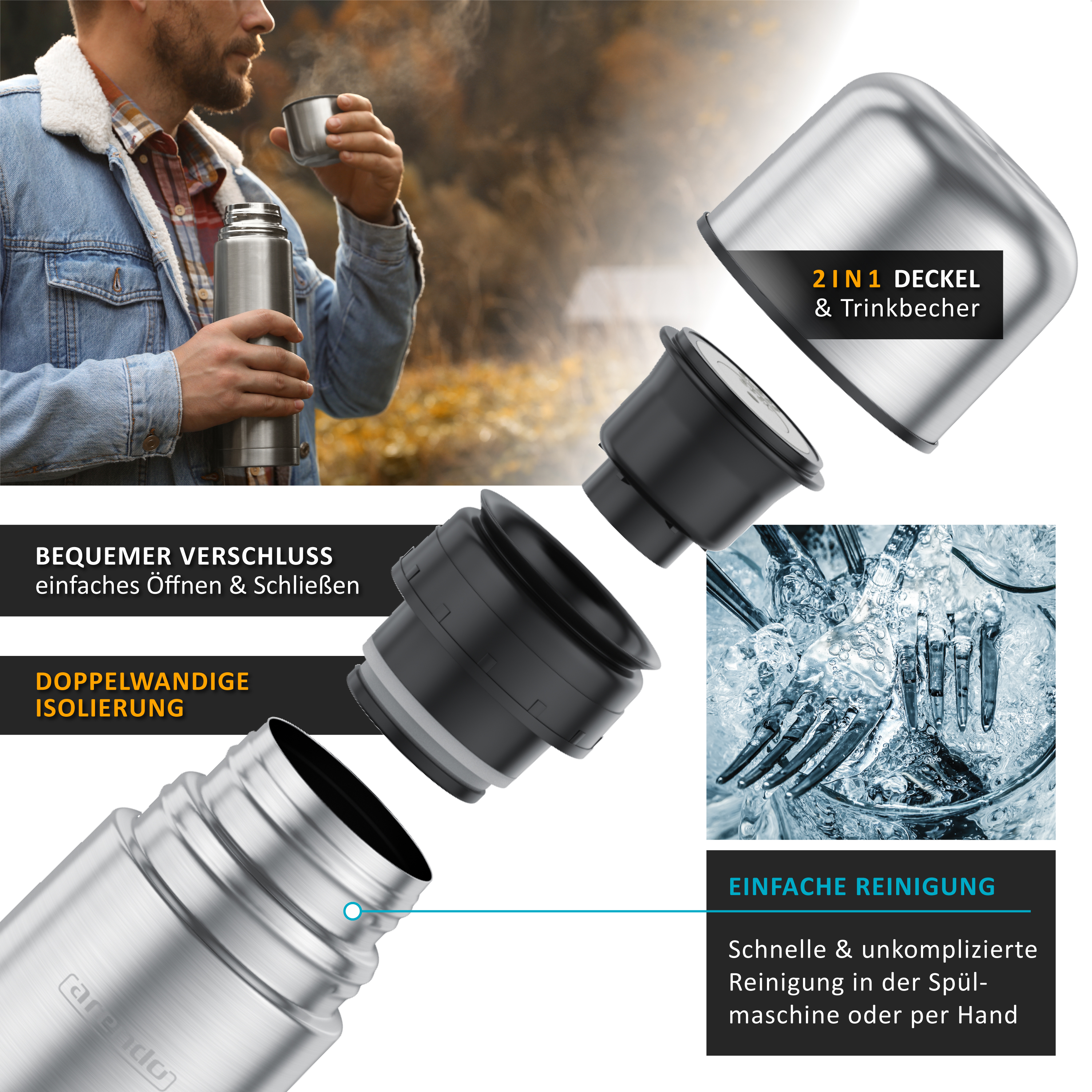 Isolierflasche aus Edelstahl mit abnehmbarem Deckel und doppelwandiger Isolierung.